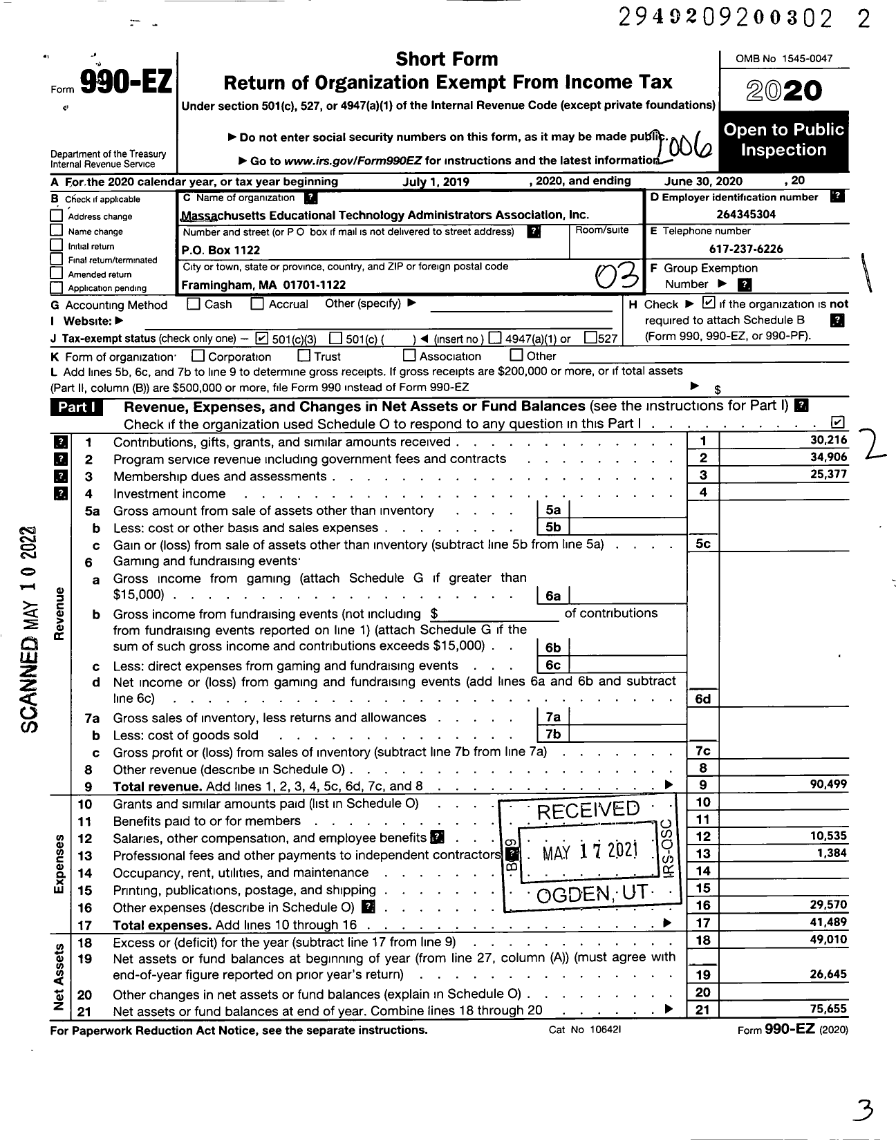 Image of first page of 2019 Form 990EZ for Massachusetts Educational Technology Administrators Association (METAA)