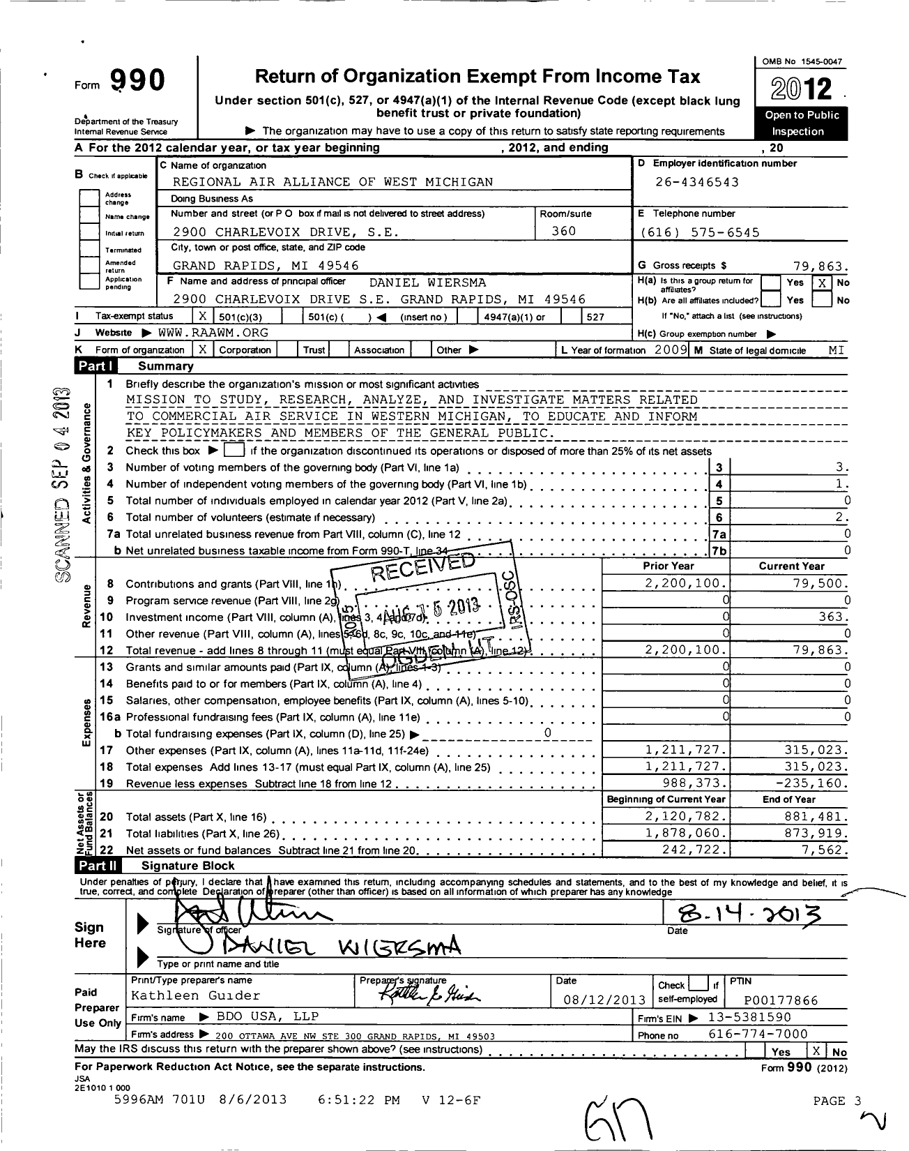 Image of first page of 2012 Form 990 for Regional Air Alliance of West Michigan