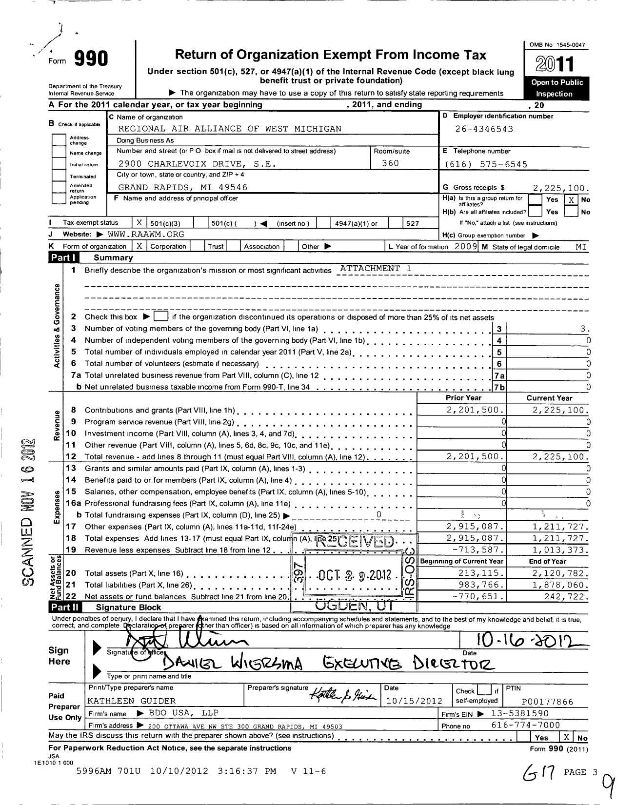 Image of first page of 2011 Form 990 for Regional Air Alliance of West Michigan