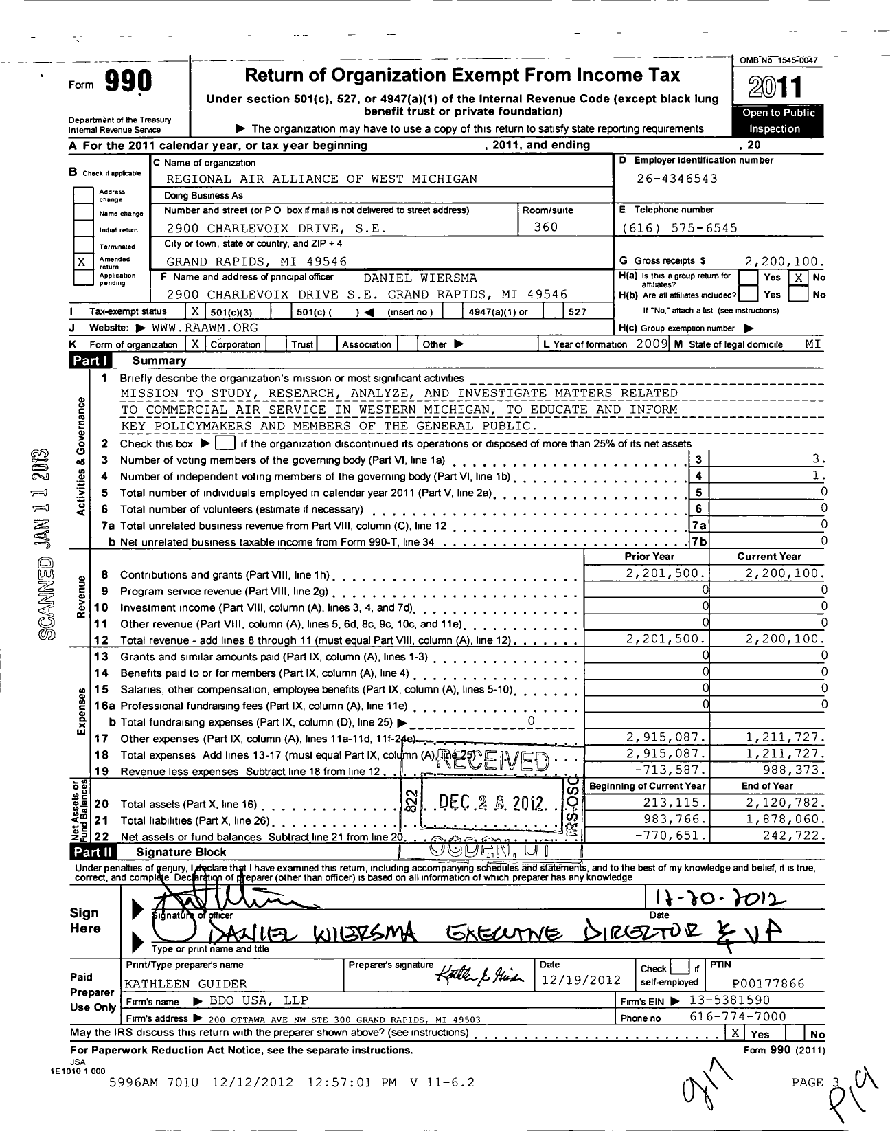 Image of first page of 2011 Form 990 for Regional Air Alliance of West Michigan