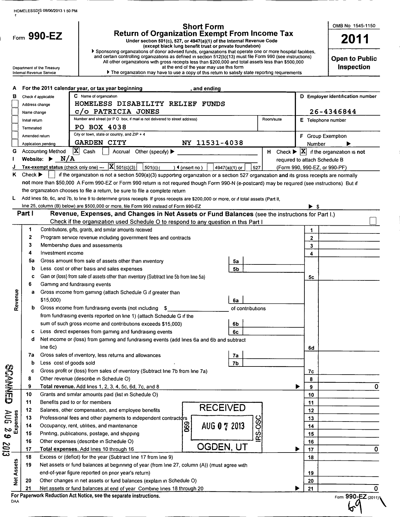 Image of first page of 2011 Form 990EZ for Homeless Disability Relief Funds