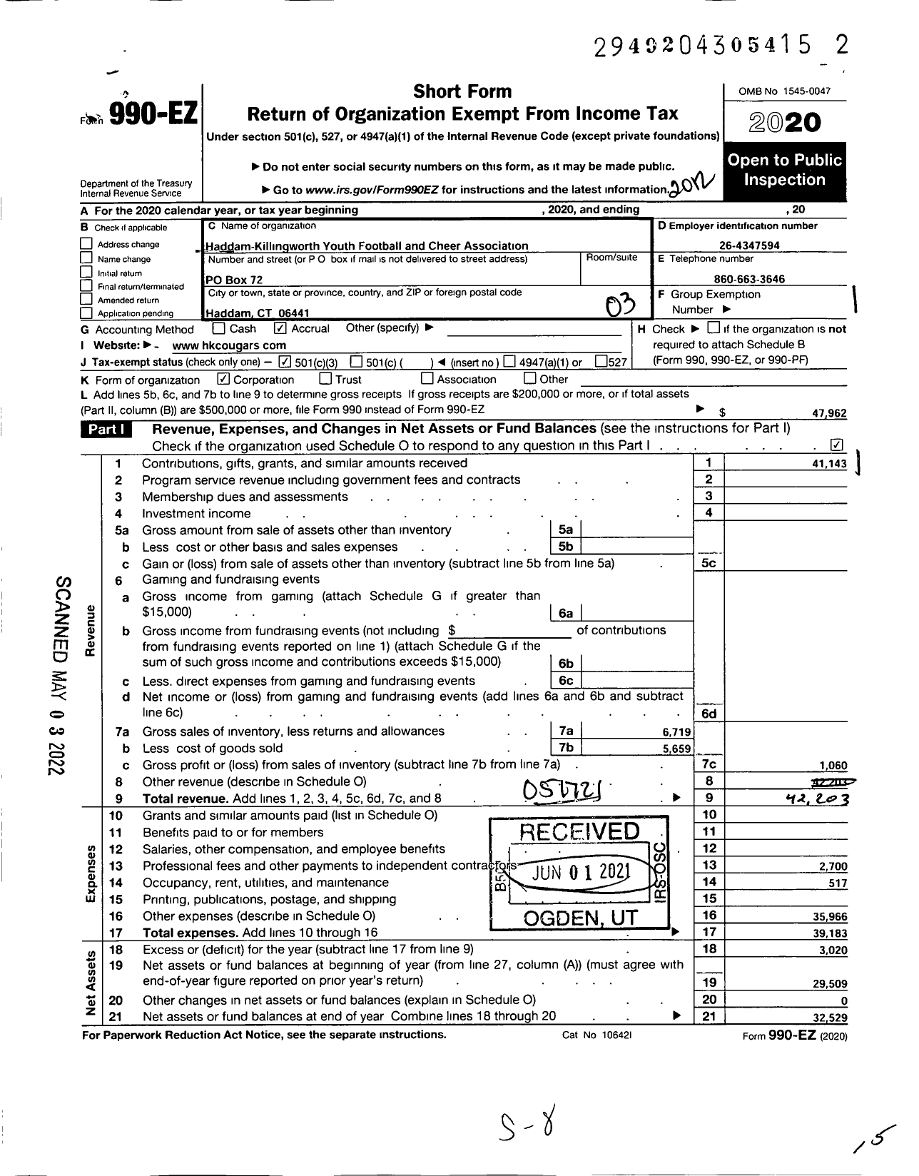 Image of first page of 2020 Form 990EZ for Haddam Killingworth Youth Football Association