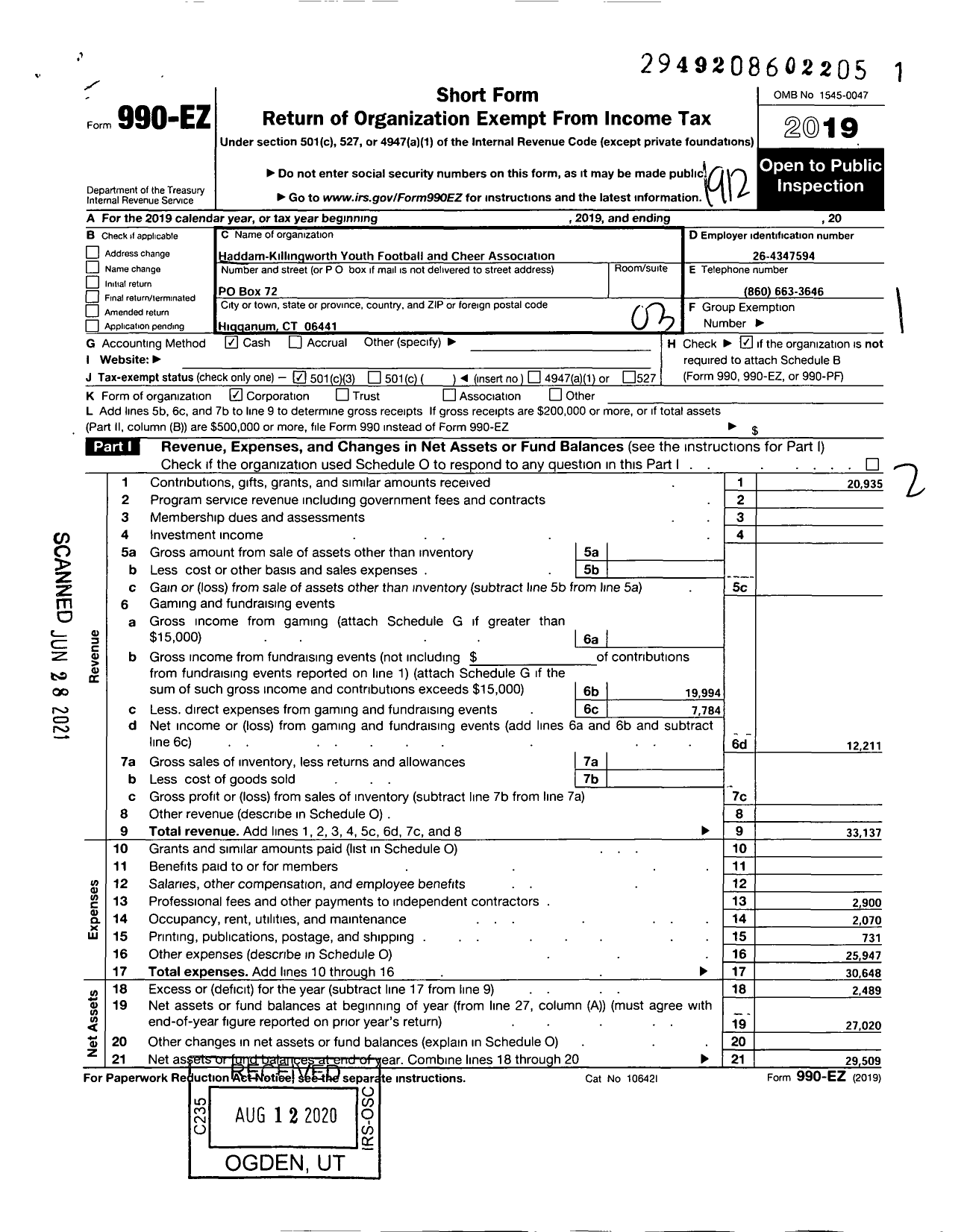 Image of first page of 2019 Form 990EZ for Haddam Killingworth Youth Football Association