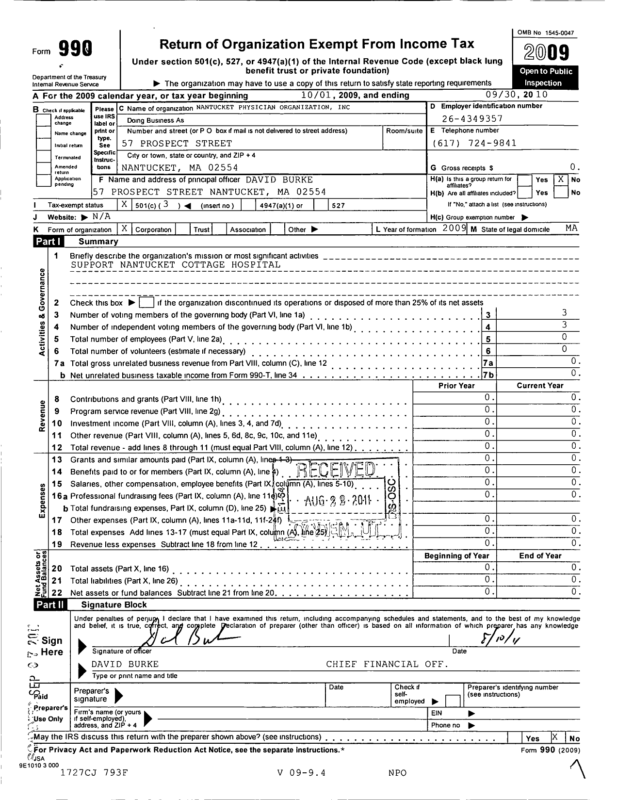 Image of first page of 2009 Form 990 for Mass General Brigham Incorporated / Nantucket Physician Organization