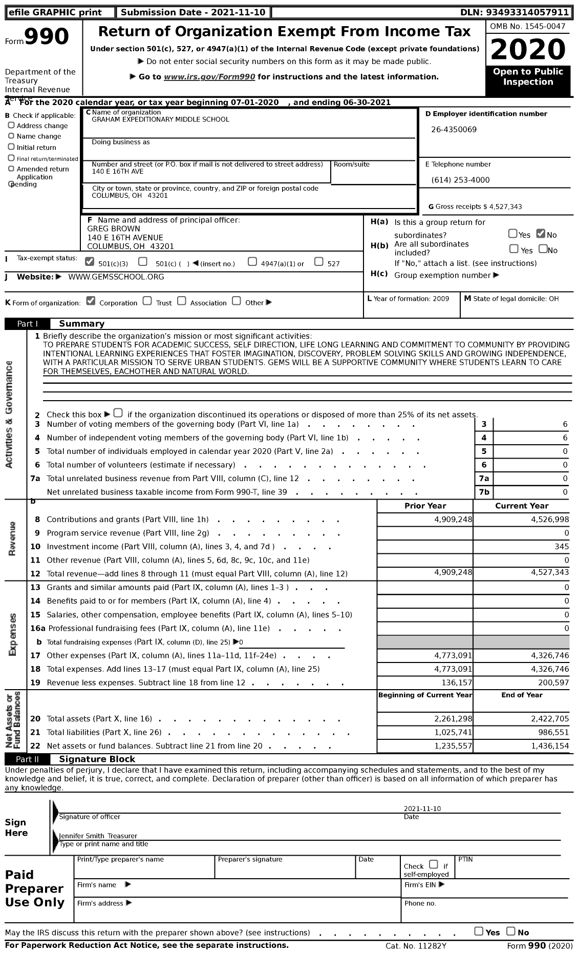 Image of first page of 2020 Form 990 for Graham Elementary and Middle School