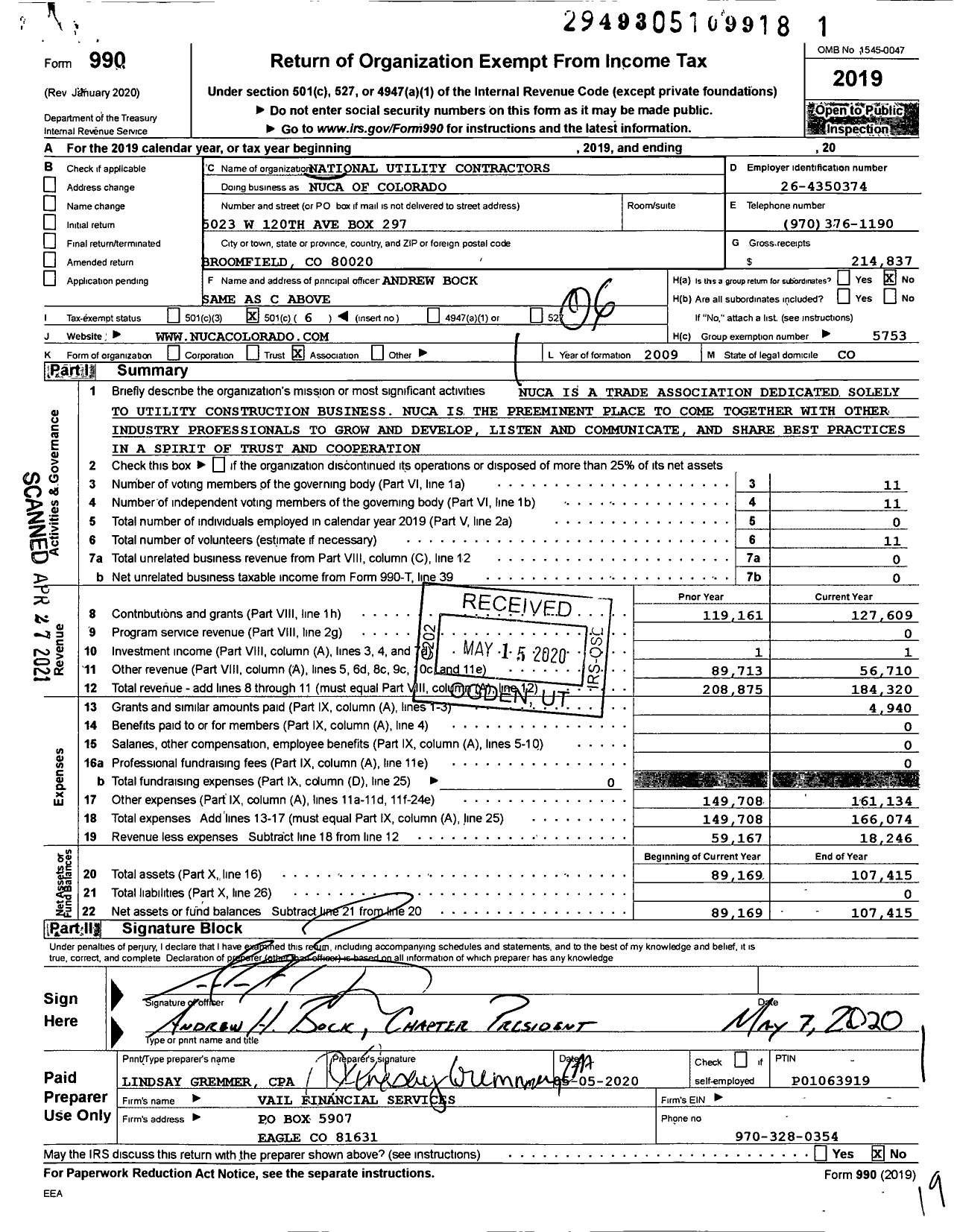 Image of first page of 2019 Form 990O for Nuca of Colorado