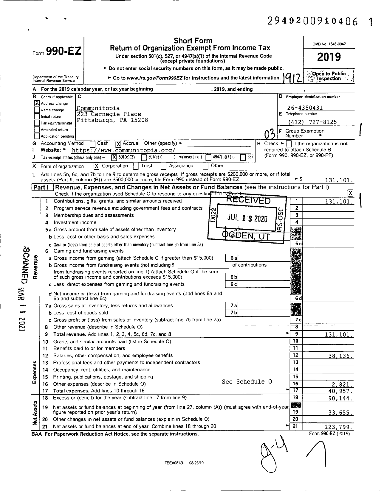 Image of first page of 2019 Form 990EZ for Communitopia