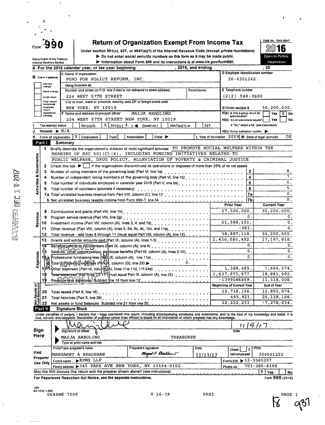 Image of first page of 2016 Form 990O for Fund For Policy Reform