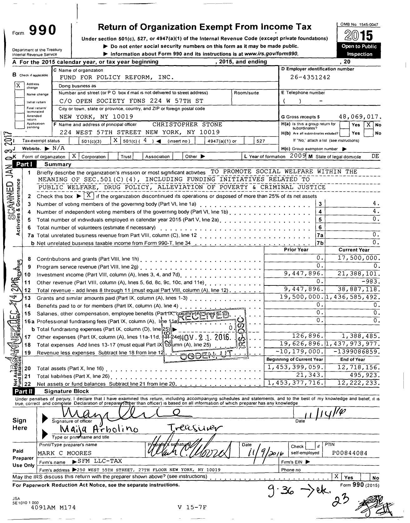 Image of first page of 2015 Form 990O for Fund For Policy Reform