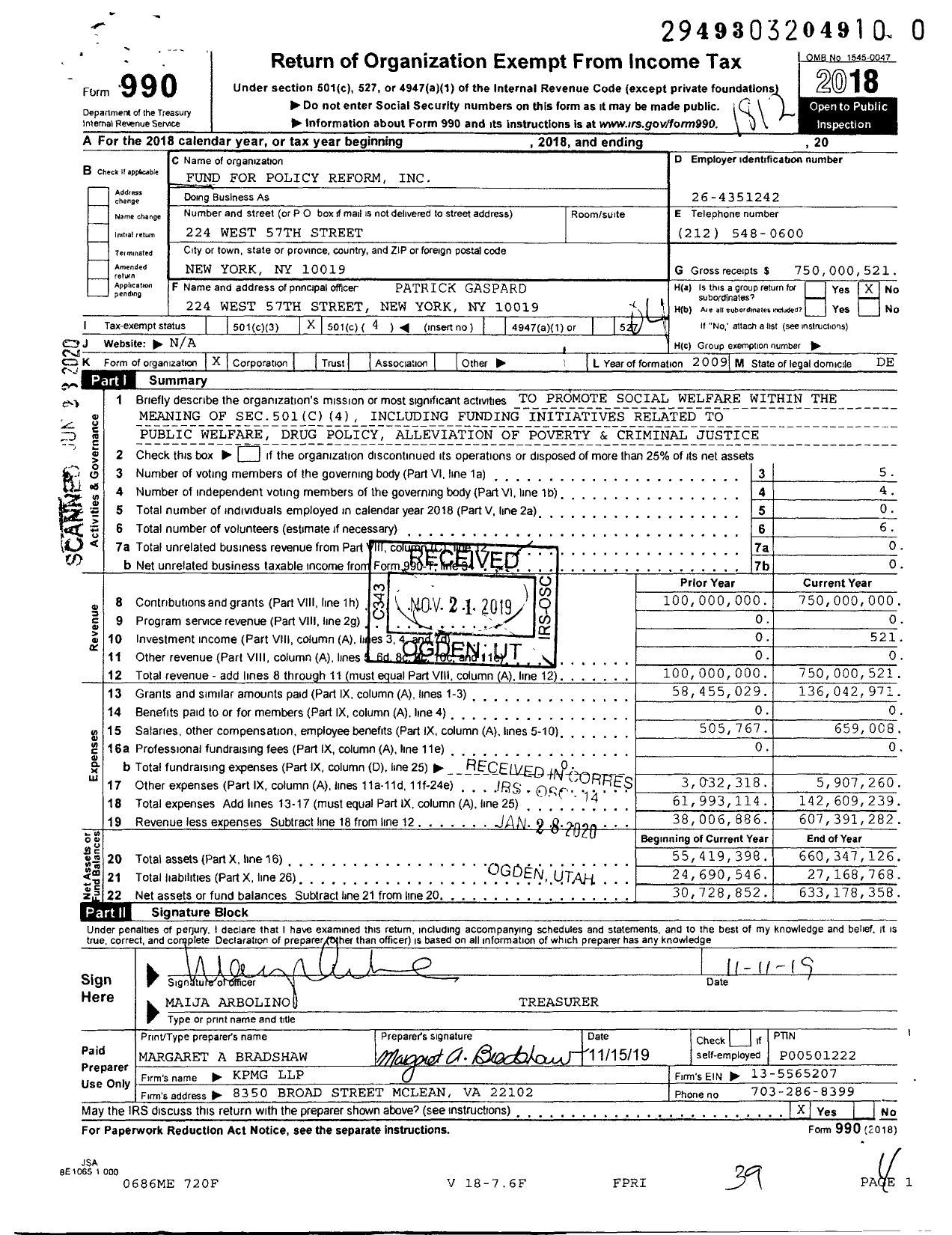 Image of first page of 2018 Form 990O for Fund For Policy Reform