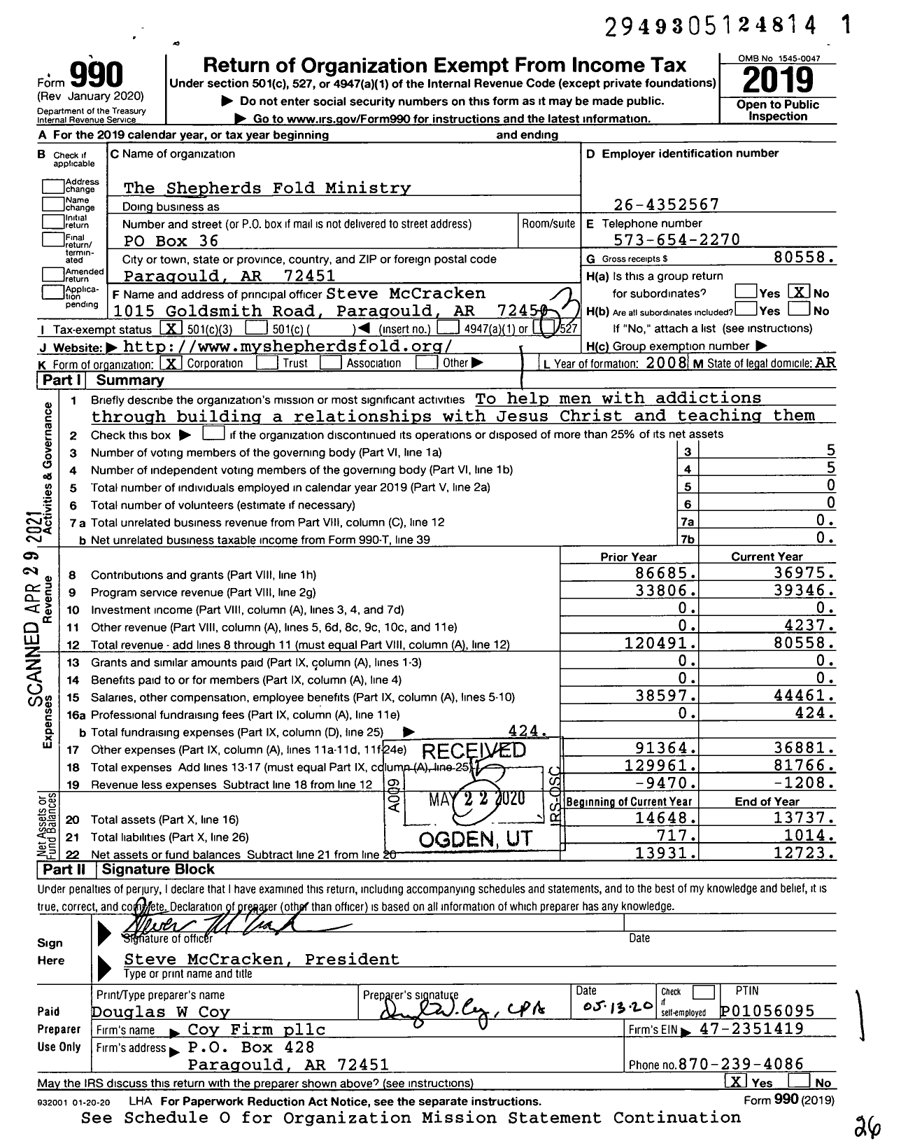 Image of first page of 2019 Form 990 for The Shepherds Fold Ministry