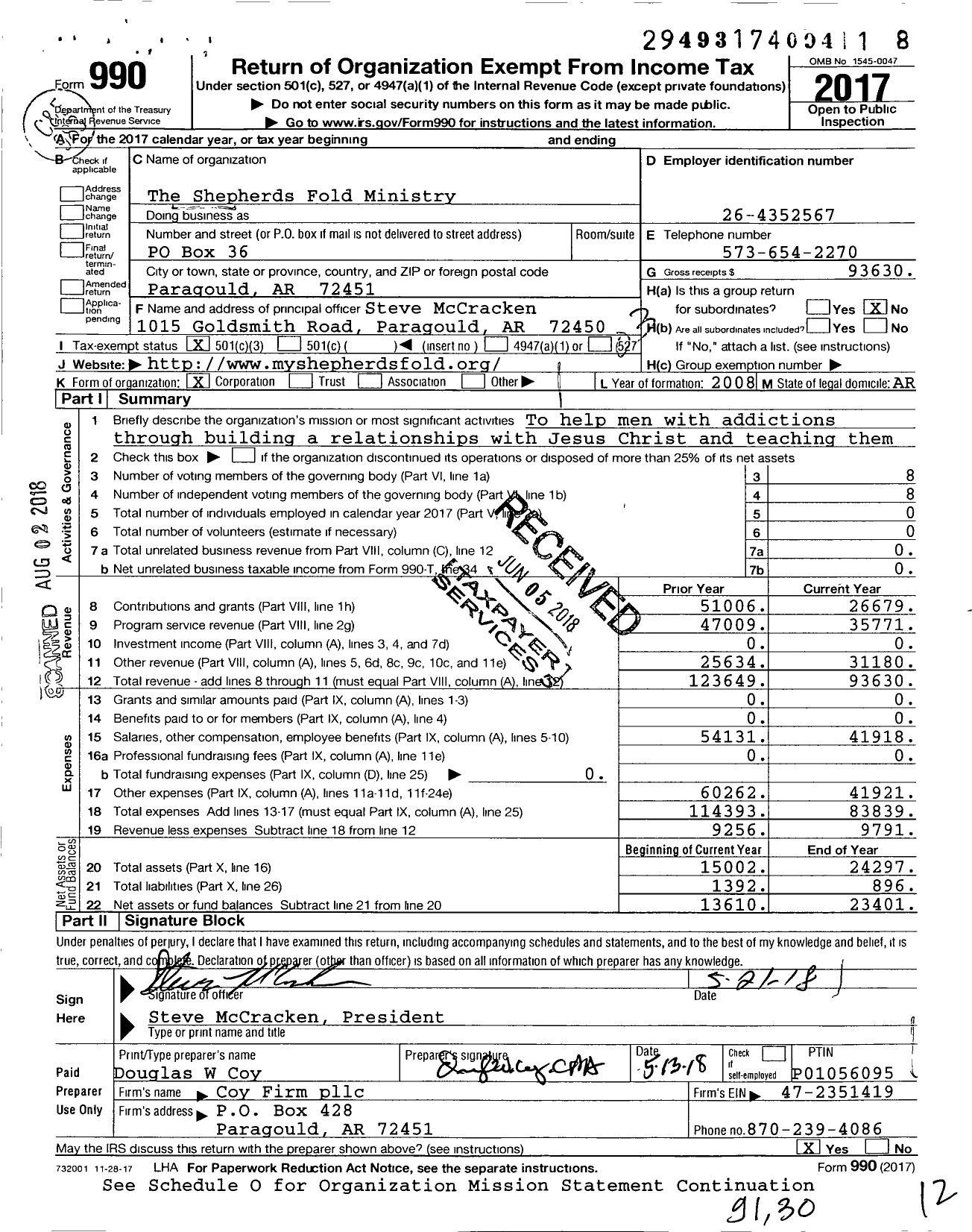 Image of first page of 2017 Form 990 for The Shepherds Fold Ministry