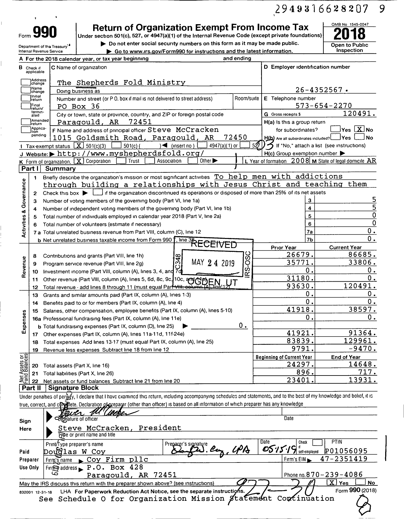 Image of first page of 2018 Form 990 for The Shepherds Fold Ministry