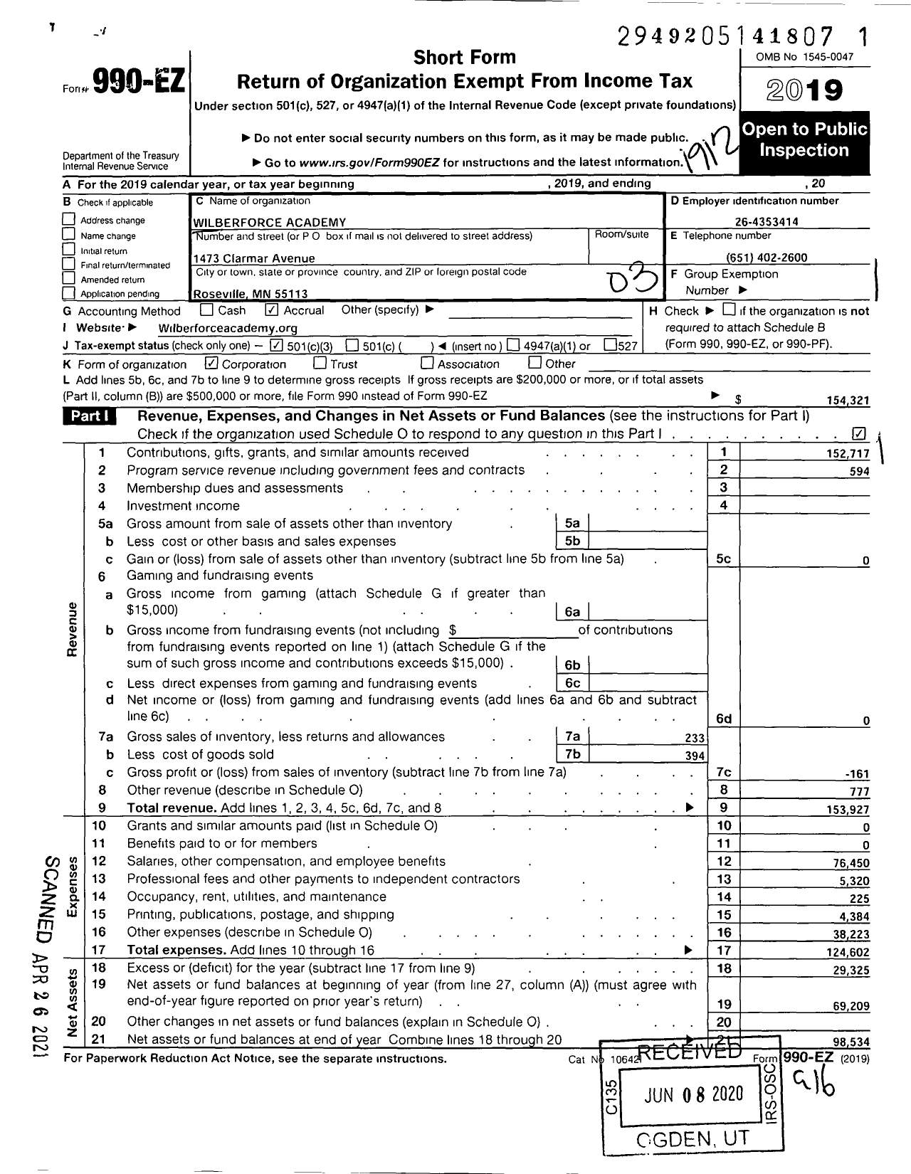 Image of first page of 2019 Form 990EZ for Wilberforce International Institute