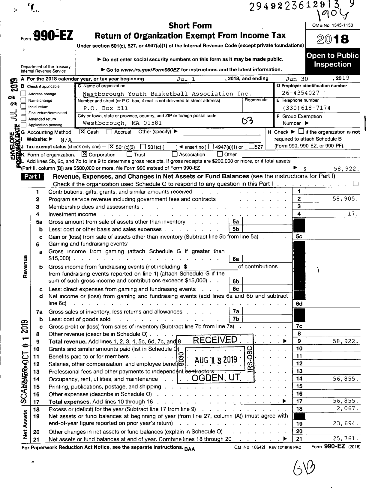 Image of first page of 2018 Form 990EZ for Westborough Youth Basketball Association