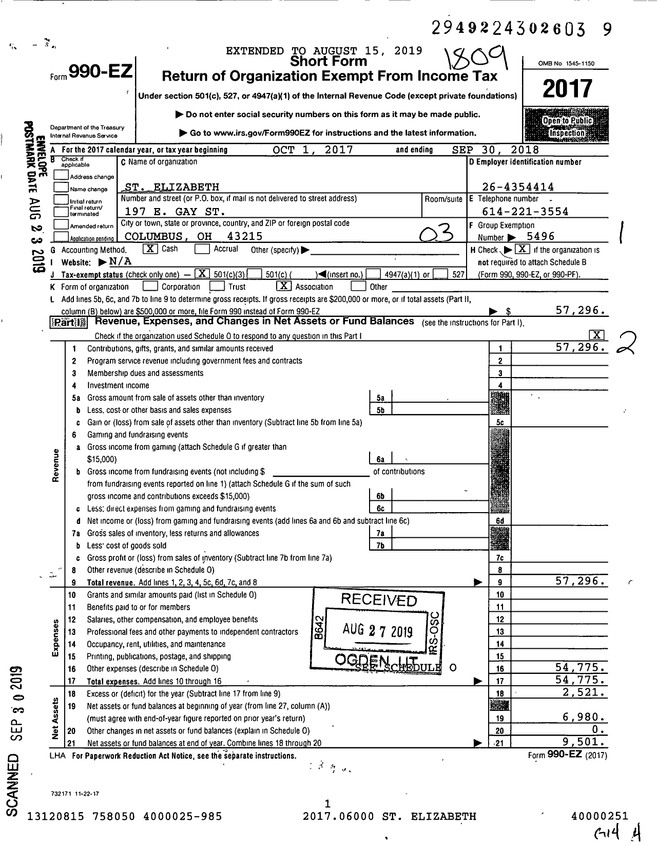 Image of first page of 2017 Form 990EZ for St Elizabeth Conference