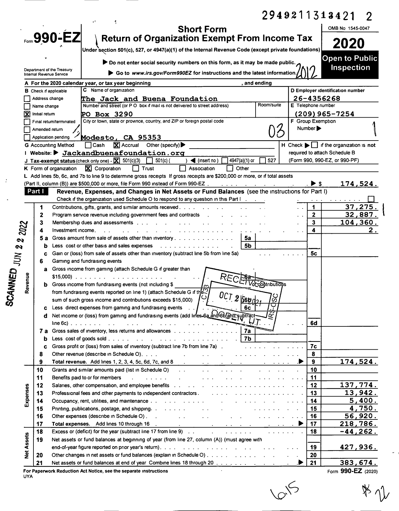 Image of first page of 2020 Form 990EZ for The Jack and Buena Foundation