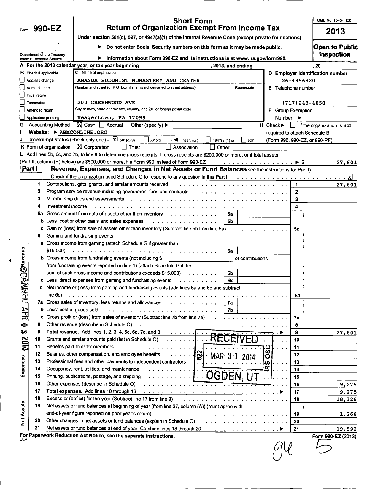 Image of first page of 2013 Form 990EZ for Tu Vien Ananda