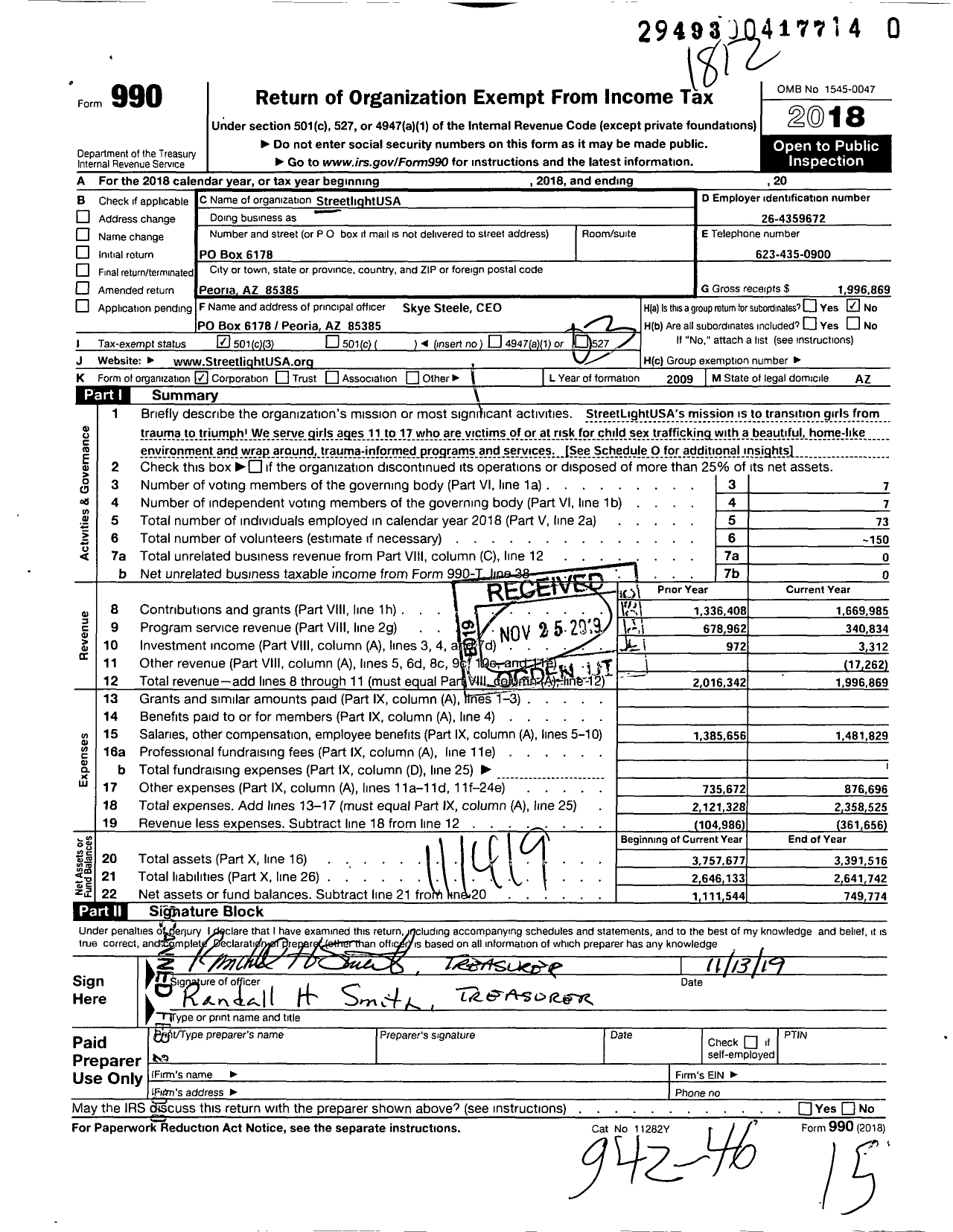 Image of first page of 2018 Form 990 for StreetLightUSA