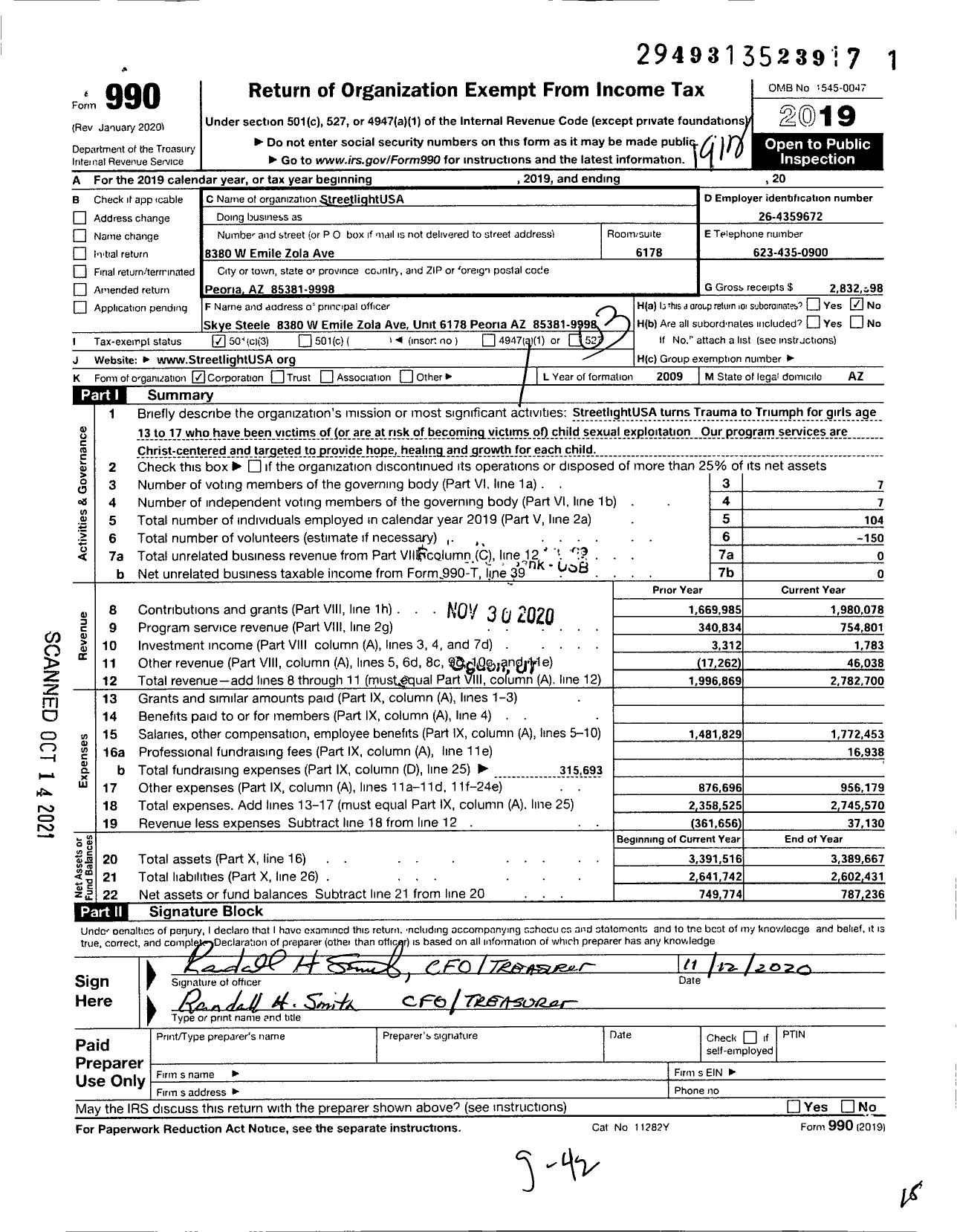 Image of first page of 2019 Form 990 for StreetLightUSA