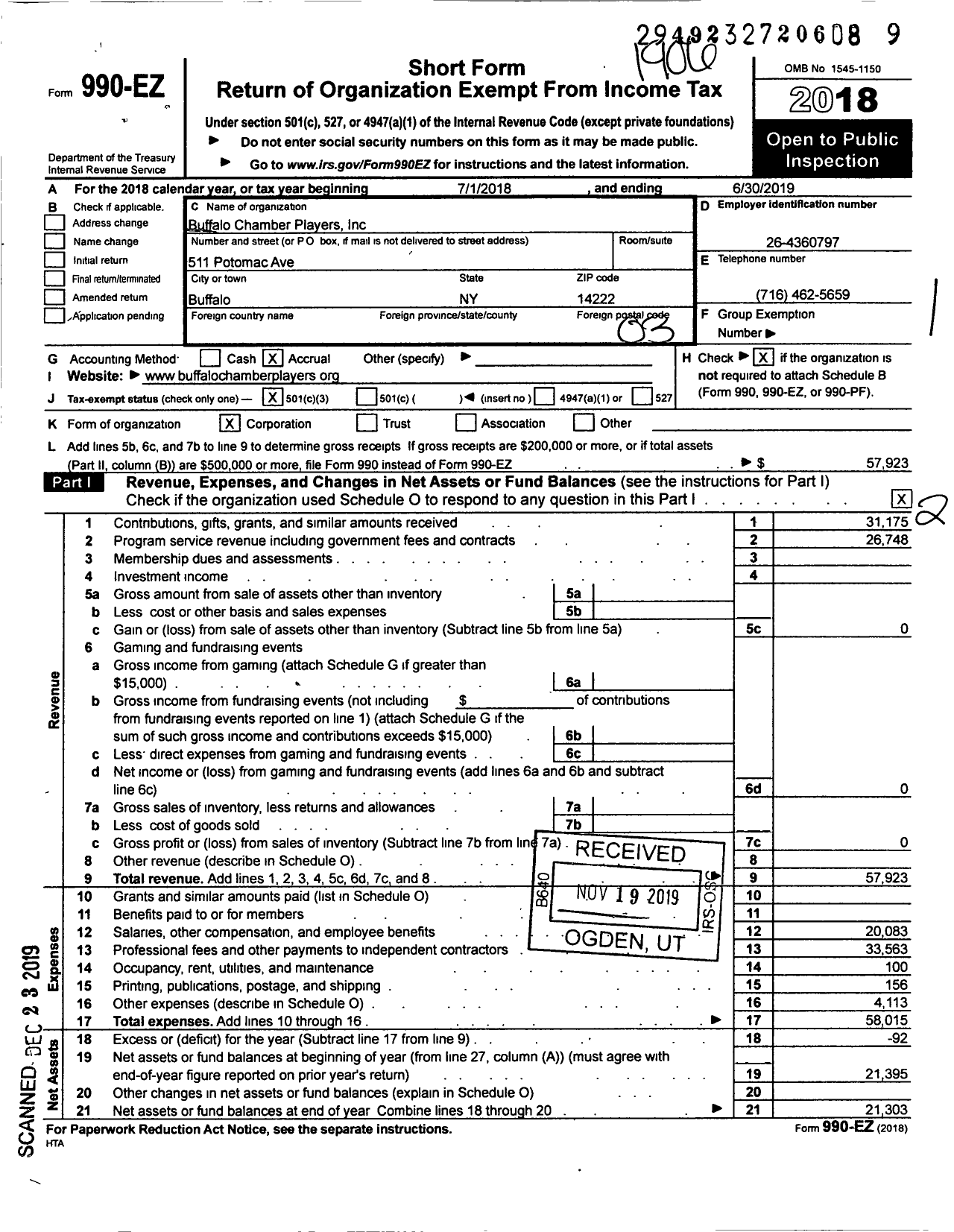 Image of first page of 2018 Form 990EZ for Buffalo Chamber Players