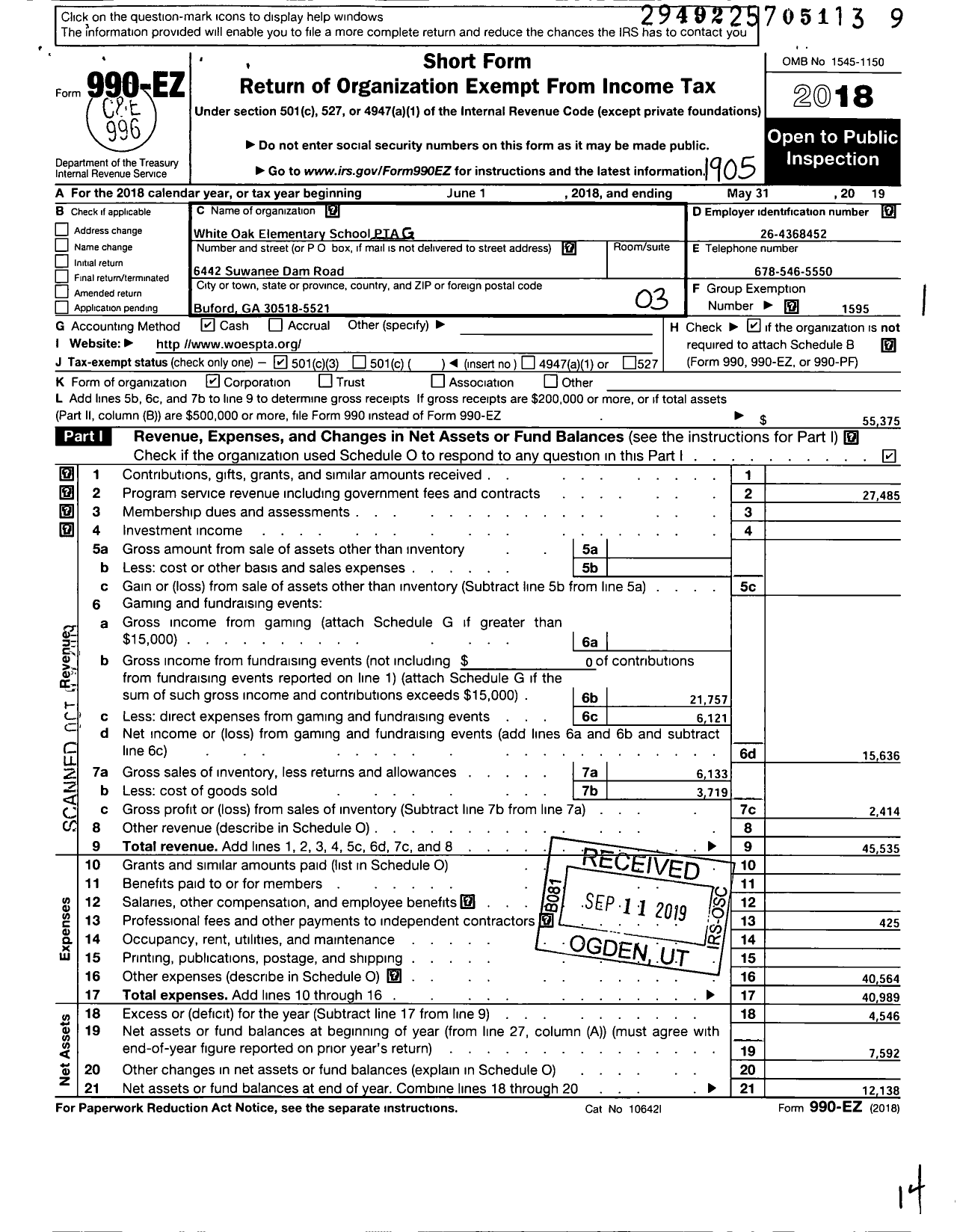 Image of first page of 2018 Form 990EZ for Georgia PTA - White Oak Es PTA