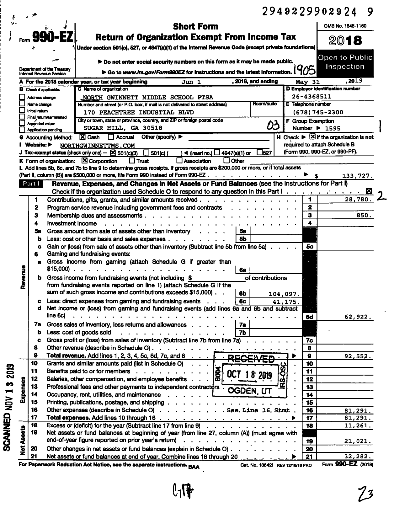 Image of first page of 2018 Form 990EZ for GEORGIA PTA - North Gwinnett Middle PTSA