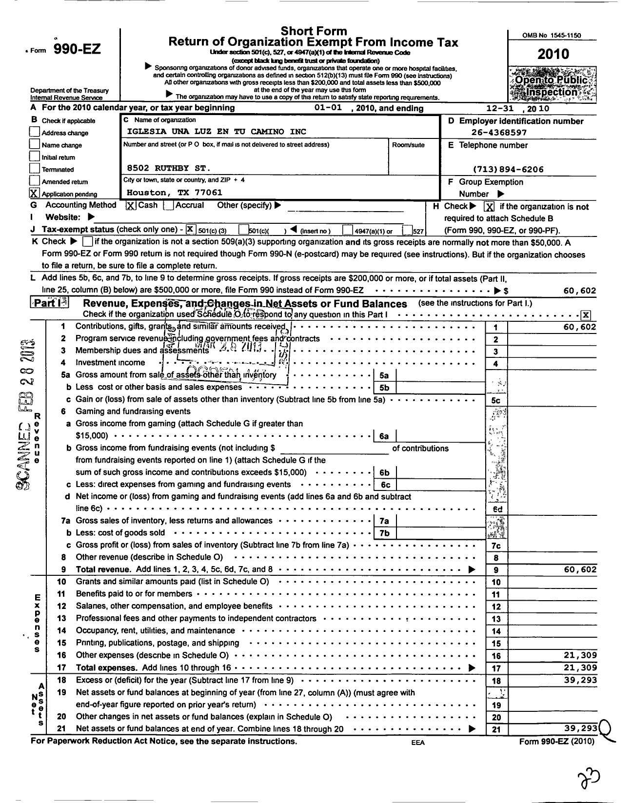 Image of first page of 2010 Form 990EZ for Iglesia Una Luz En Tu Camino Un Ejercito Para Cristo 3