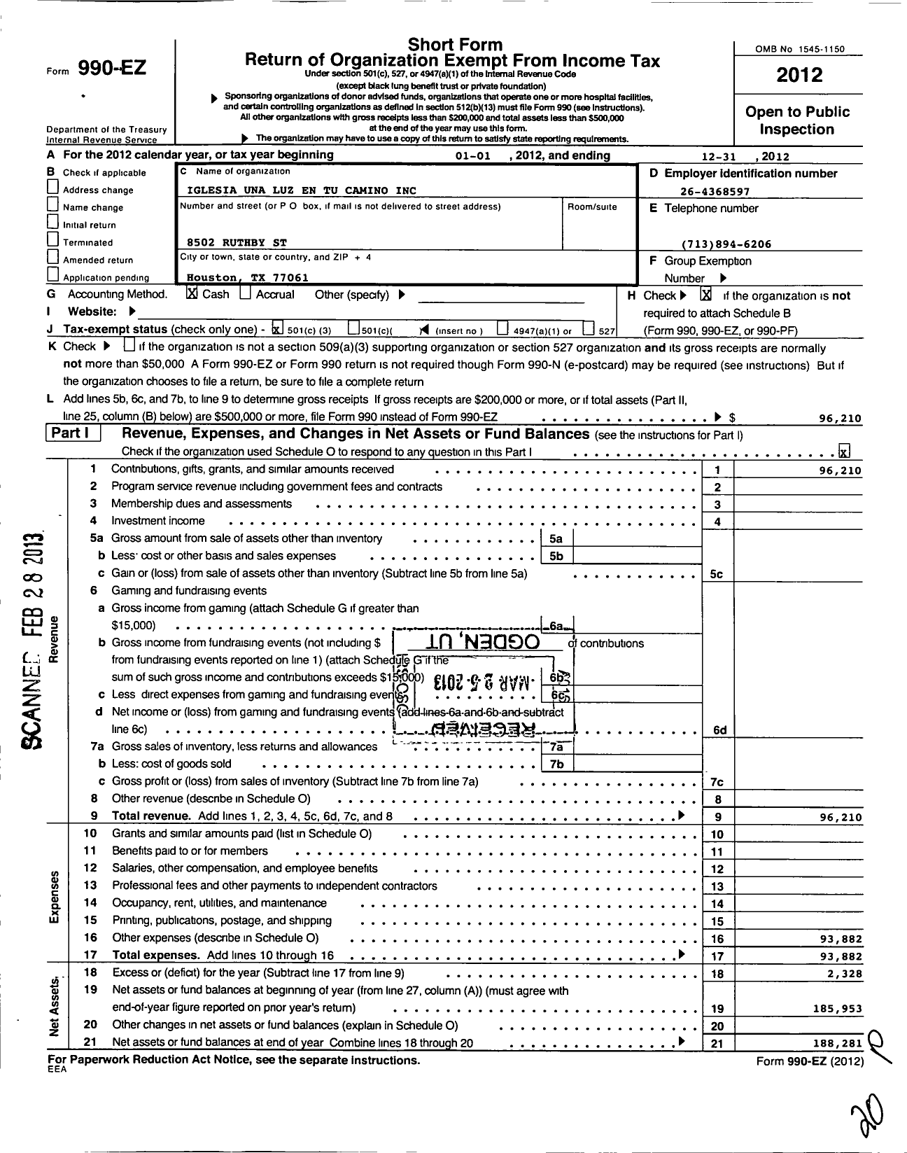 Image of first page of 2012 Form 990EZ for Iglesia Una Luz En Tu Camino Un Ejercito Para Cristo 3