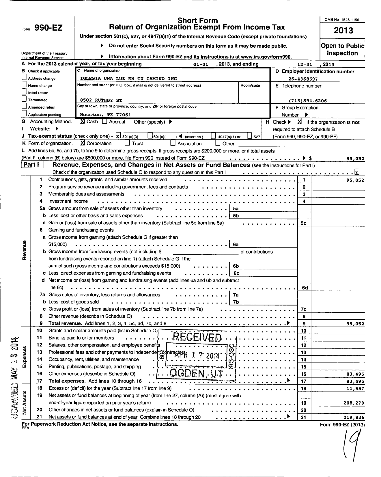 Image of first page of 2013 Form 990EZ for Iglesia Una Luz En Tu Camino Un Ejercito Para Cristo 3