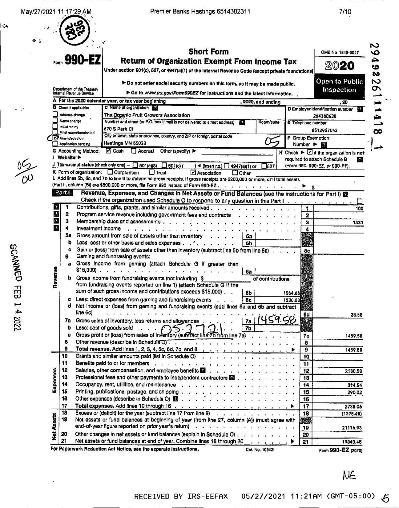 Image of first page of 2020 Form 990EO for Organic Fruit Growers Associtation