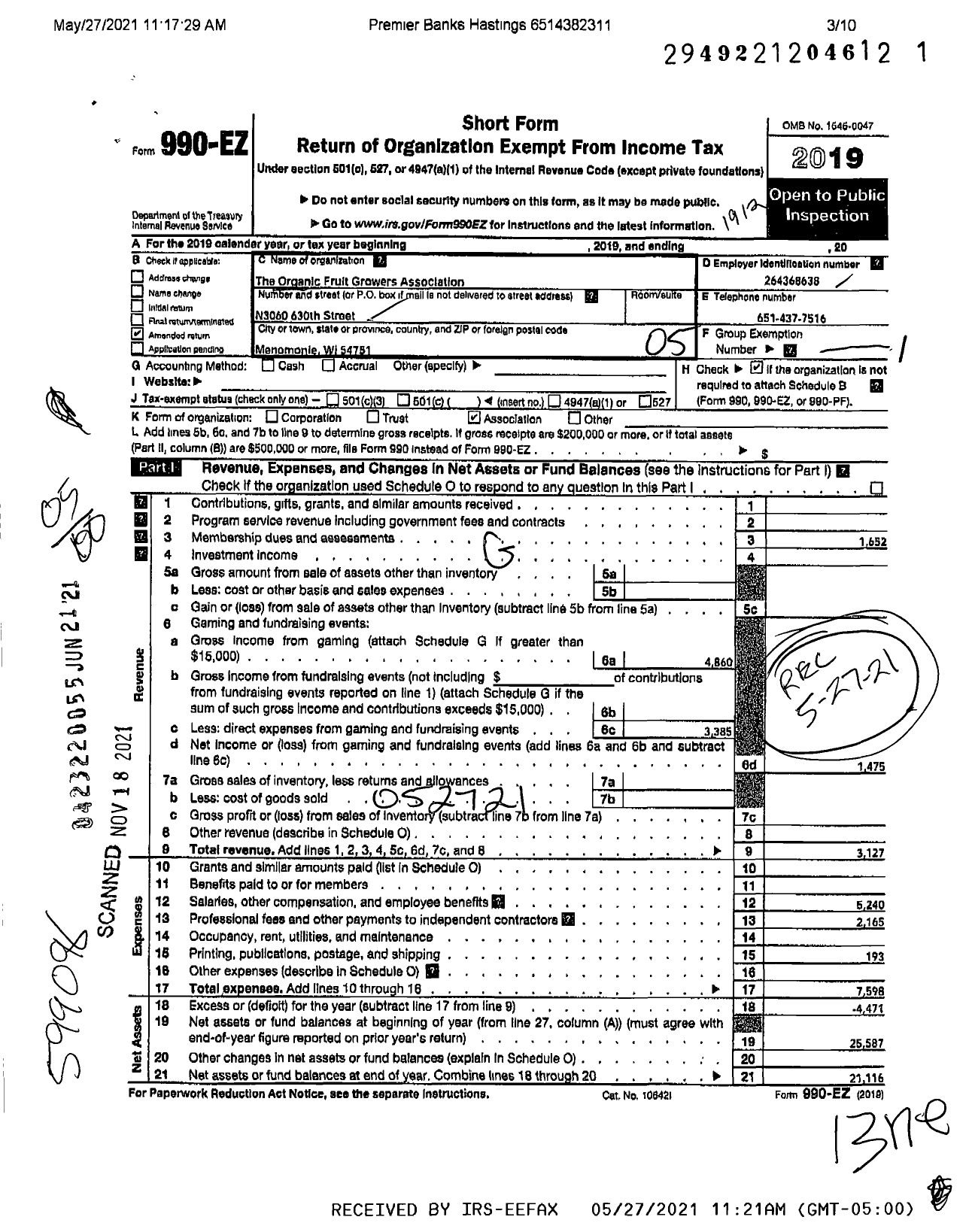 Image of first page of 2019 Form 990EO for Organic Fruit Growers Associtation