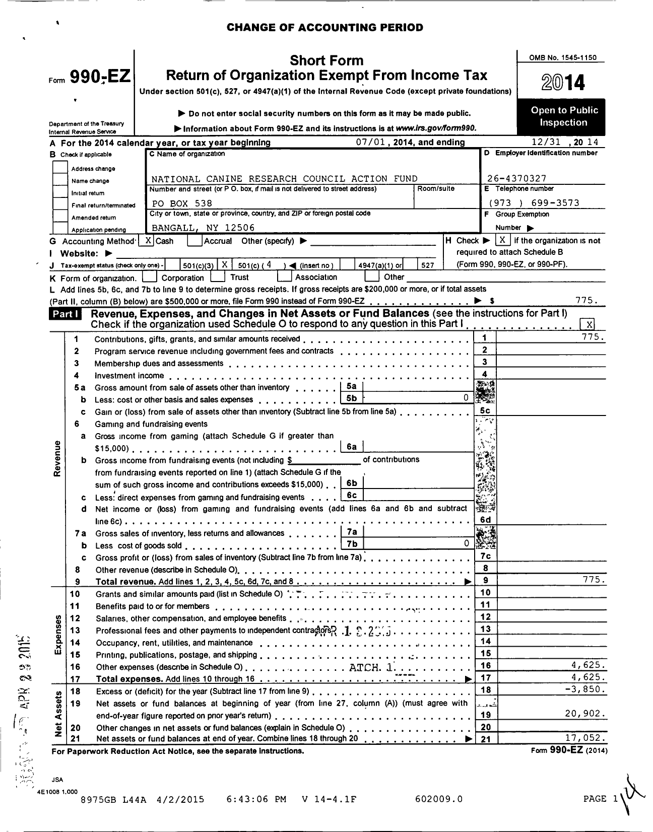 Image of first page of 2014 Form 990EO for National Canine Research Council Action Fund