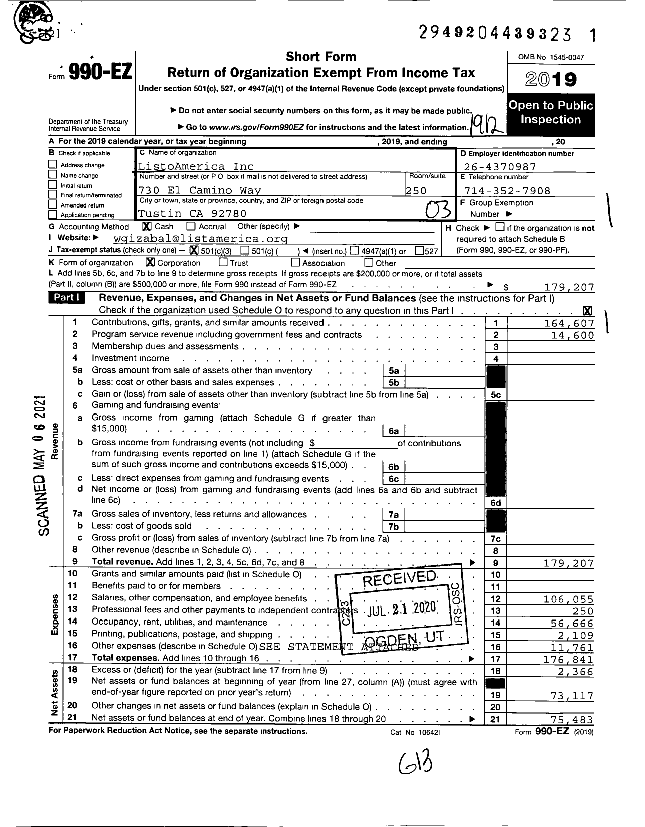 Image of first page of 2019 Form 990EZ for ListoAmerica