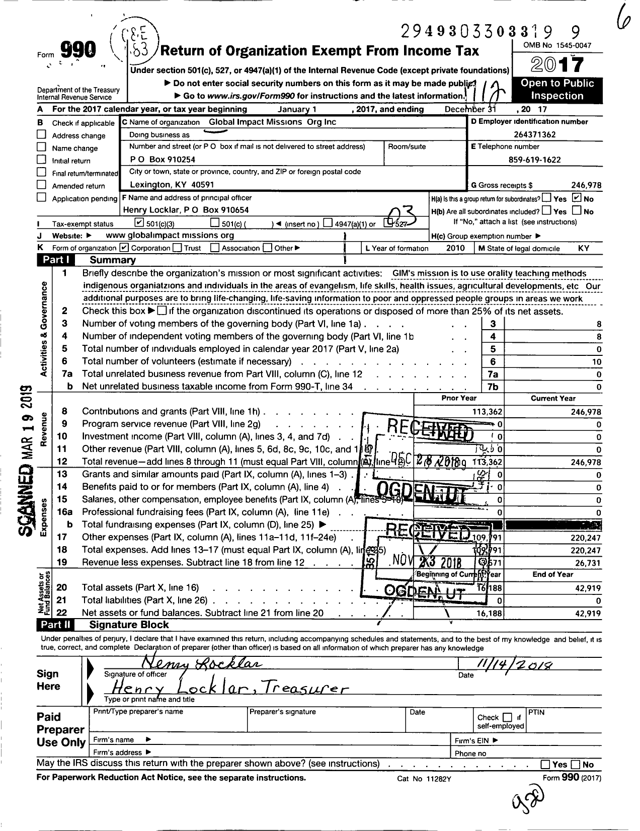 Image of first page of 2017 Form 990 for Global Impact Missions-Org