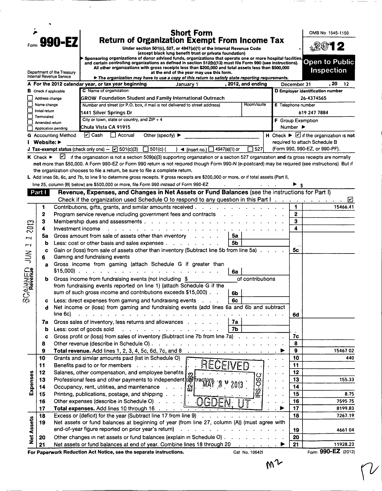 Image of first page of 2012 Form 990EZ for Grow Foundation - Student and Family International Outreach