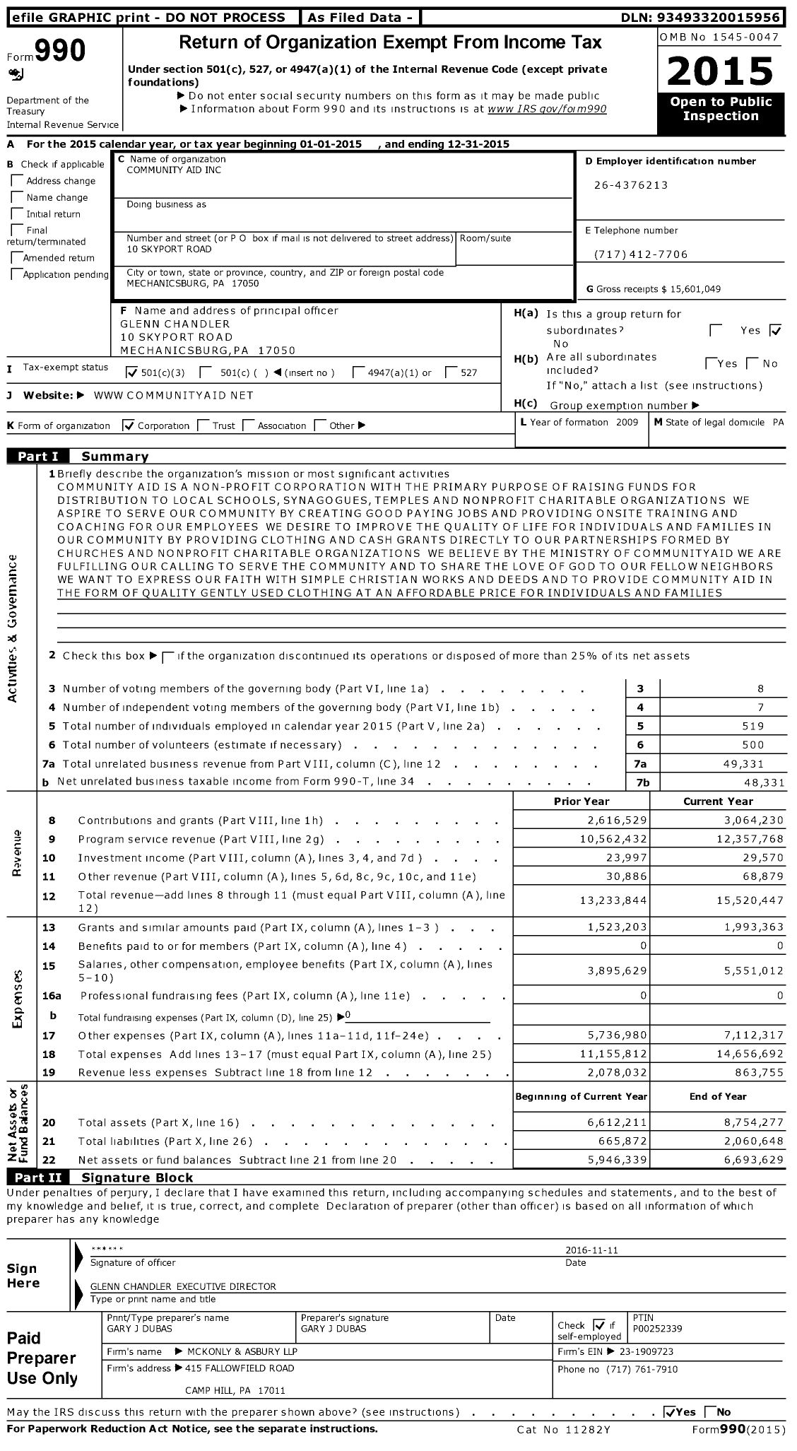 Image of first page of 2015 Form 990 for Community Aid