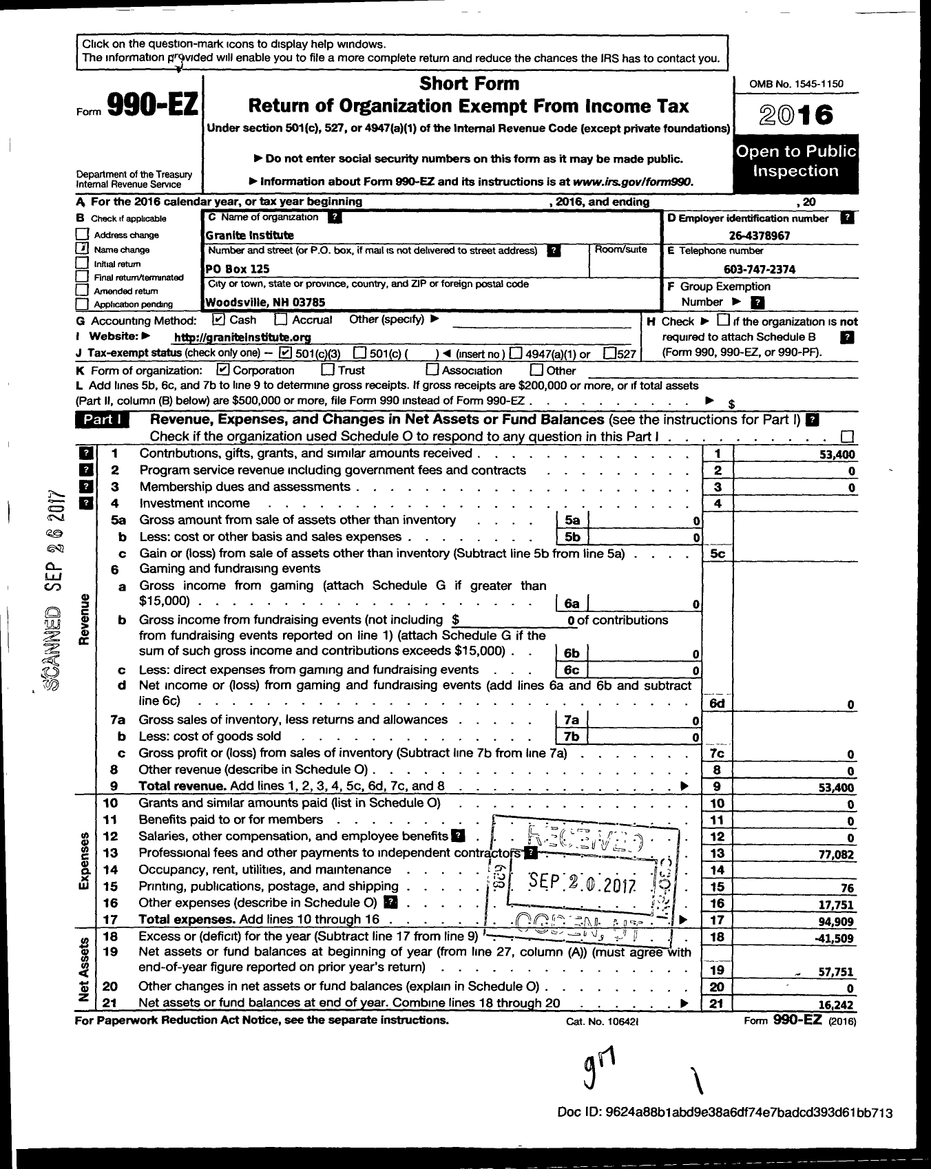 Image of first page of 2016 Form 990EZ for Granite Institute