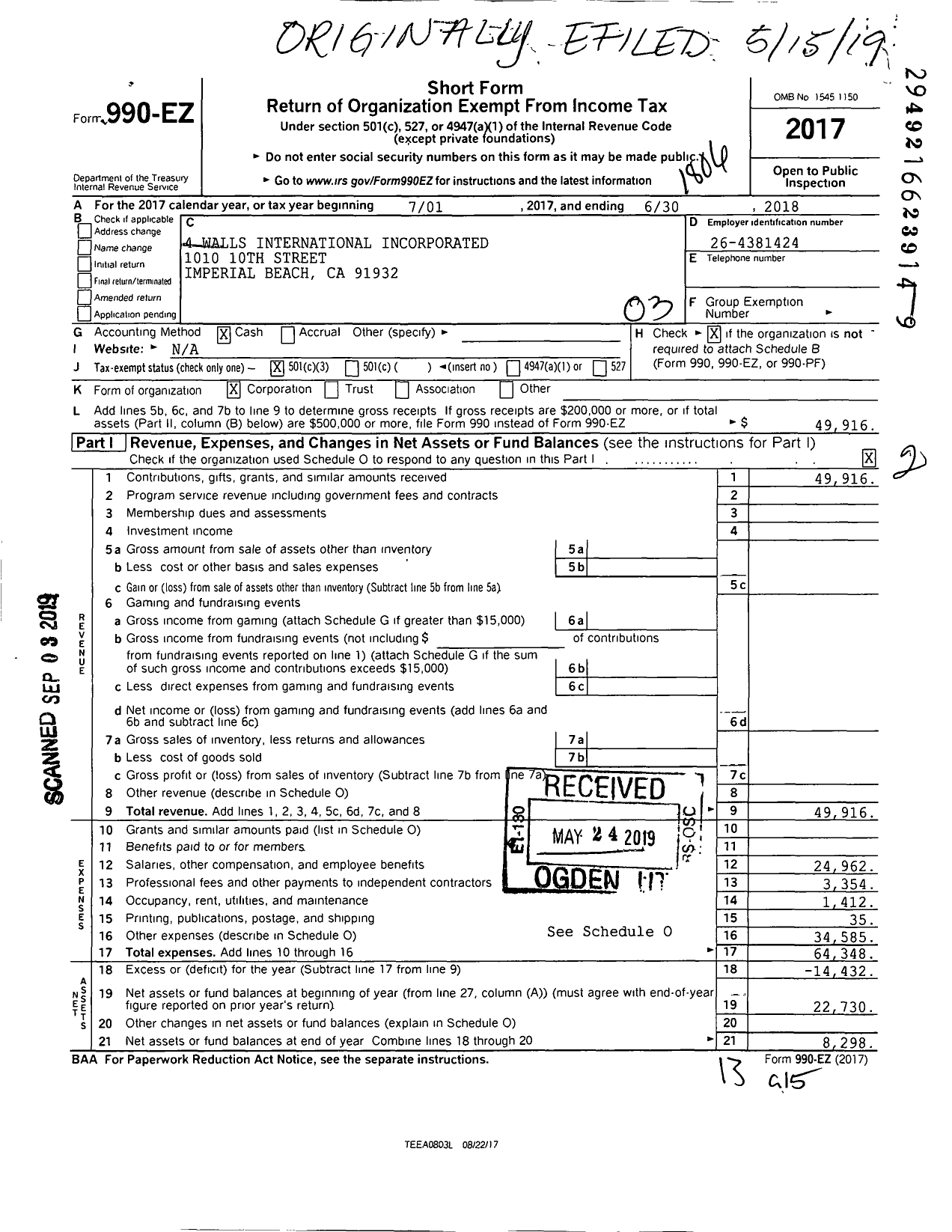 Image of first page of 2017 Form 990EZ for 4 Walls International Incorporated