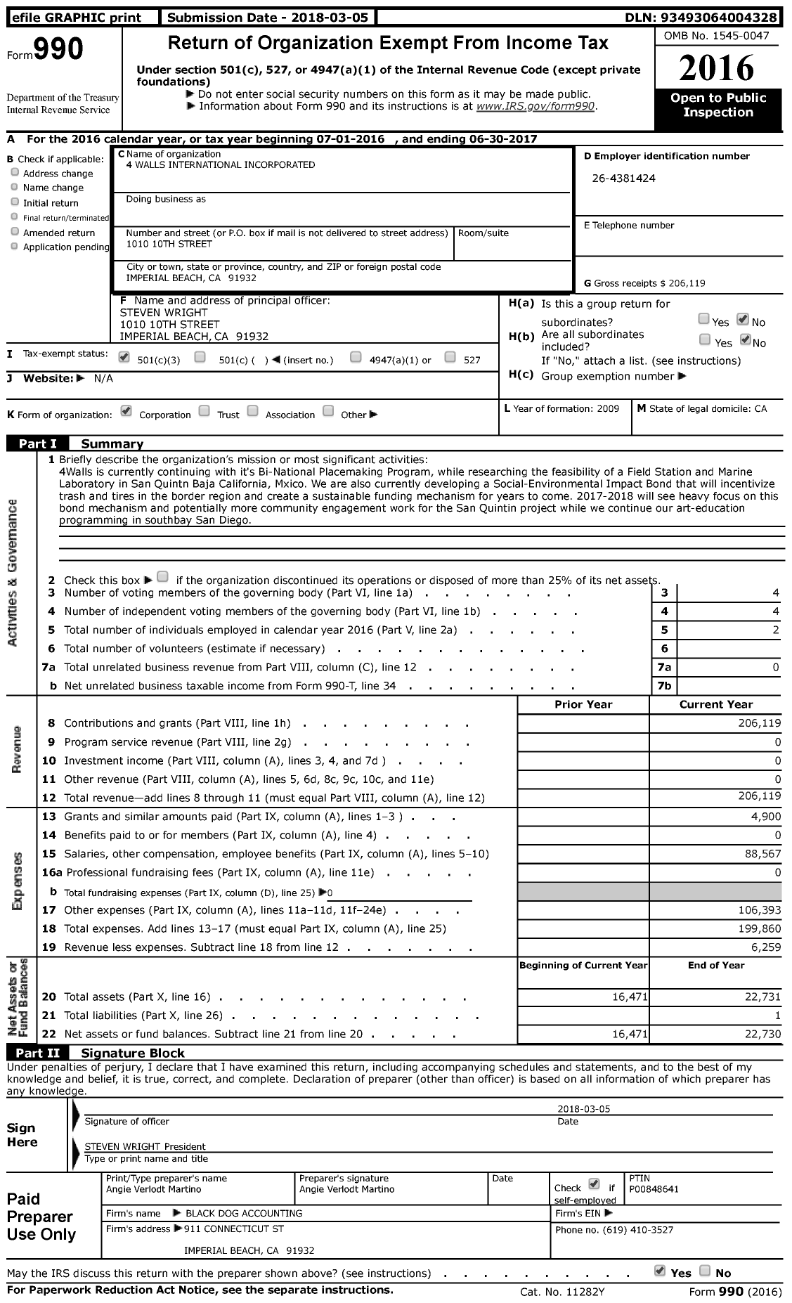 Image of first page of 2016 Form 990 for 4 Walls International Incorporated