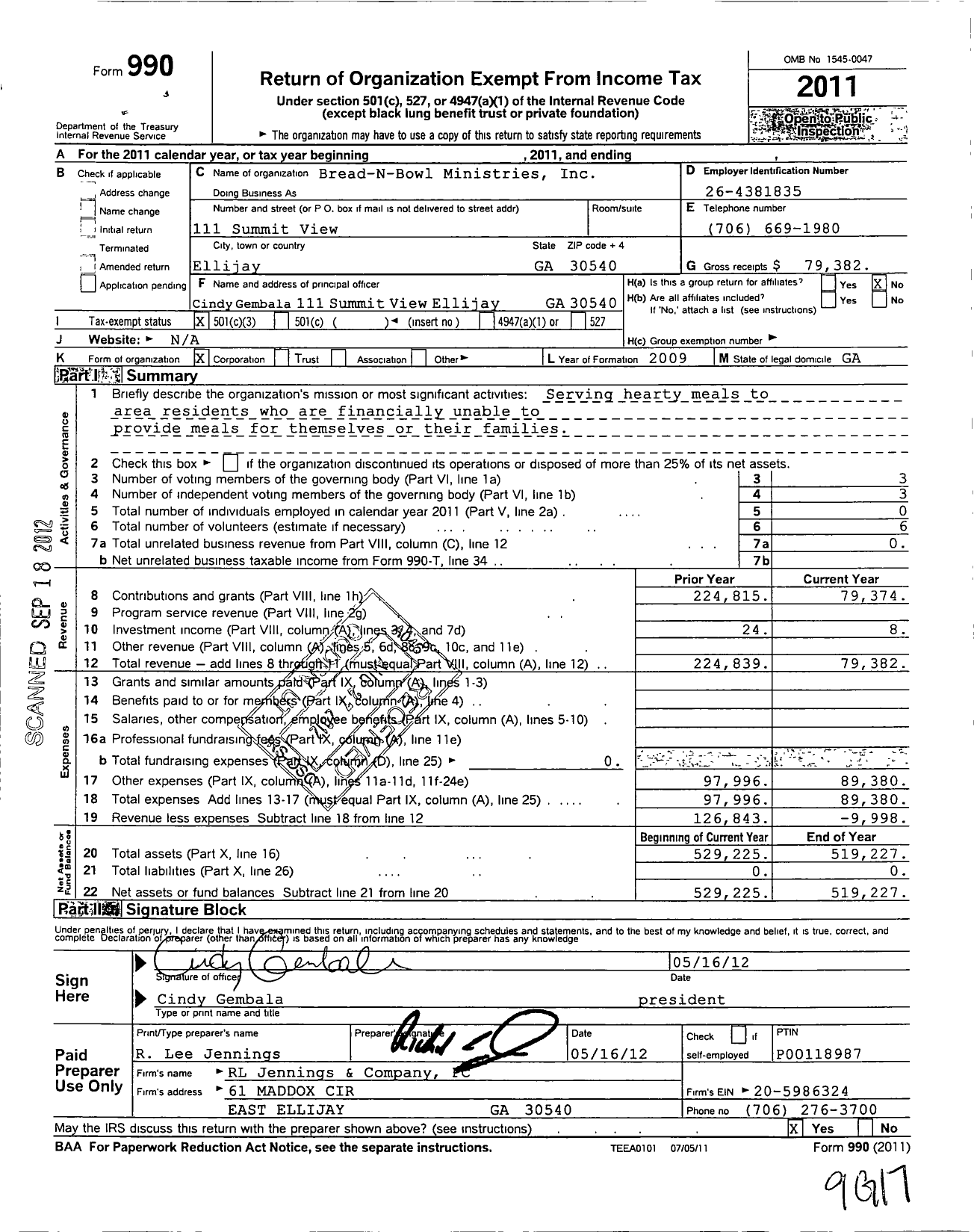 Image of first page of 2011 Form 990 for Bread-N-Bowl Ministries