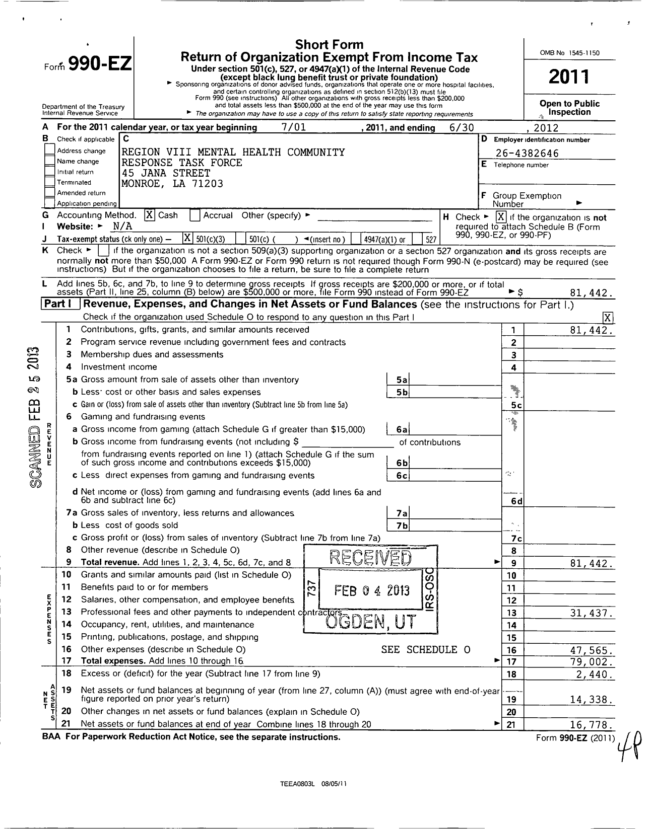 Image of first page of 2011 Form 990EZ for Region Viii Mental Health Community Response Task Force