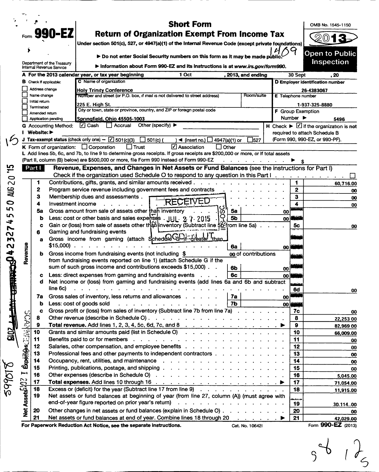 Image of first page of 2013 Form 990EZ for Holy Trinity Conference