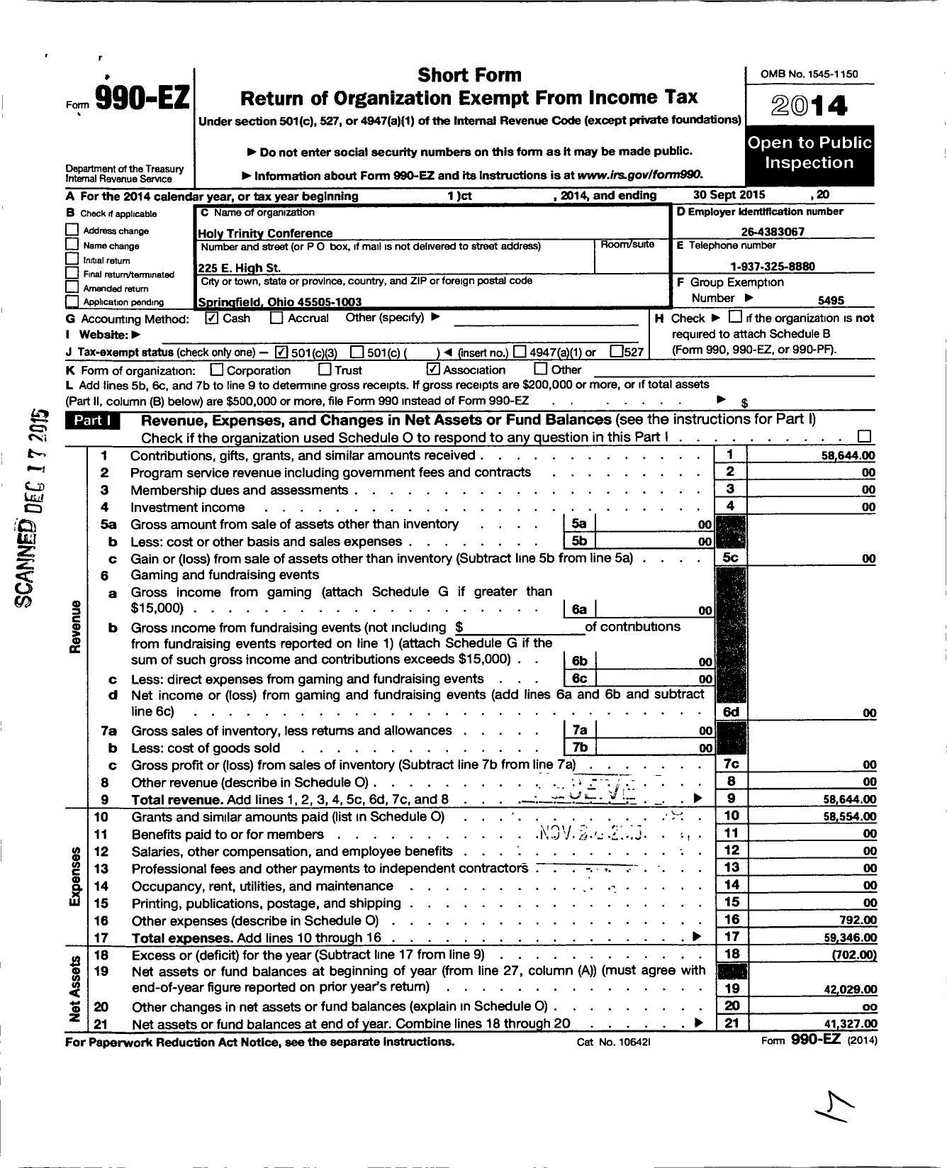 Image of first page of 2014 Form 990EZ for Holy Trinity Conference