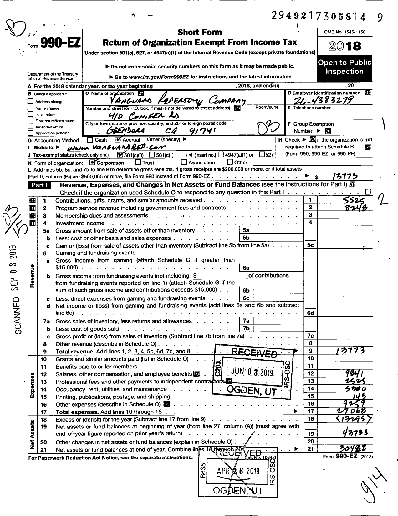 Image of first page of 2018 Form 990EZ for Vanguard Repertory Company