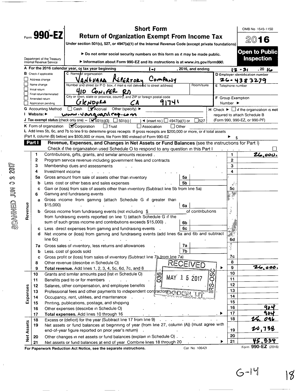 Image of first page of 2016 Form 990EZ for Vanguard Repertory Company