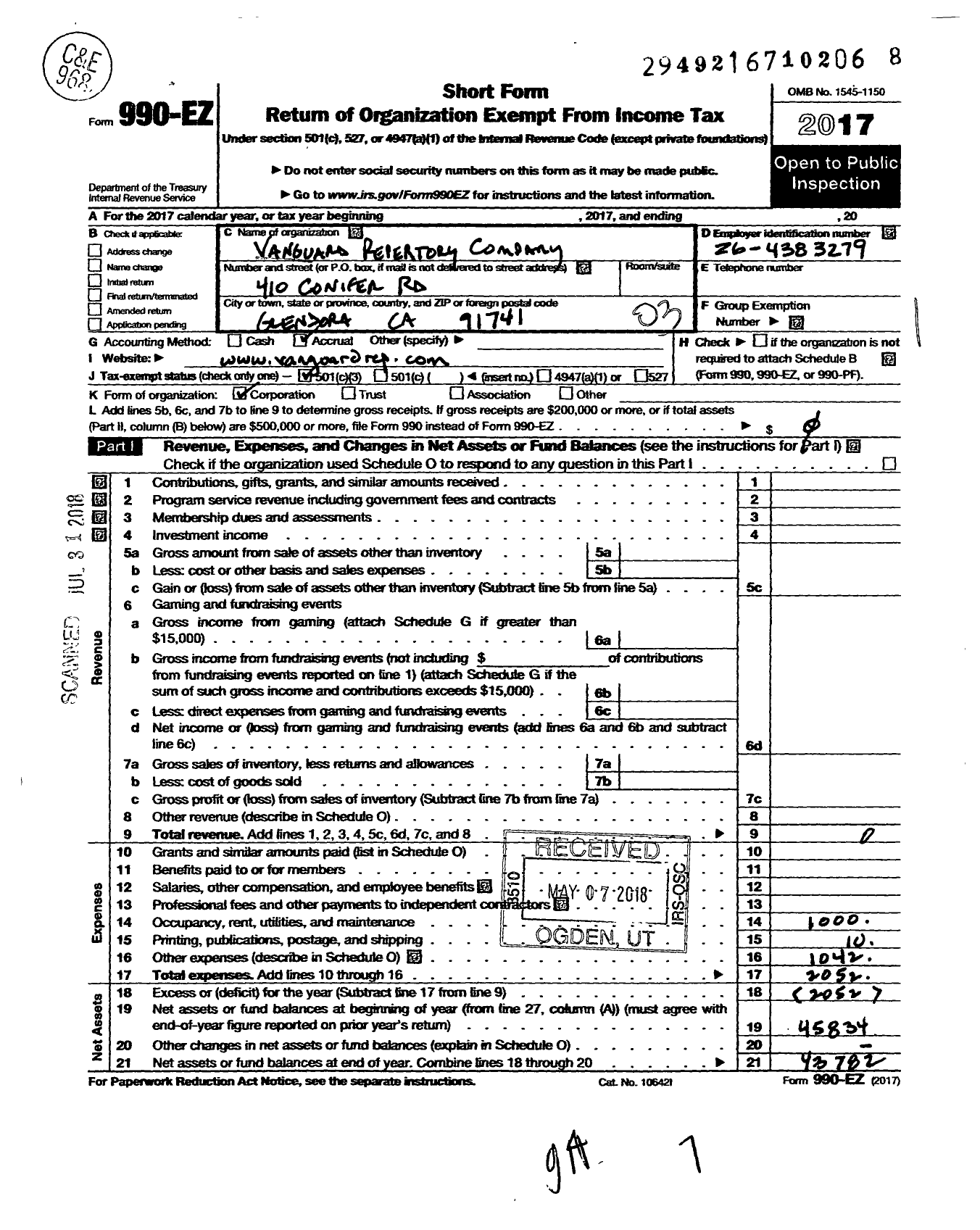 Image of first page of 2017 Form 990EZ for Vanguard Repertory Company