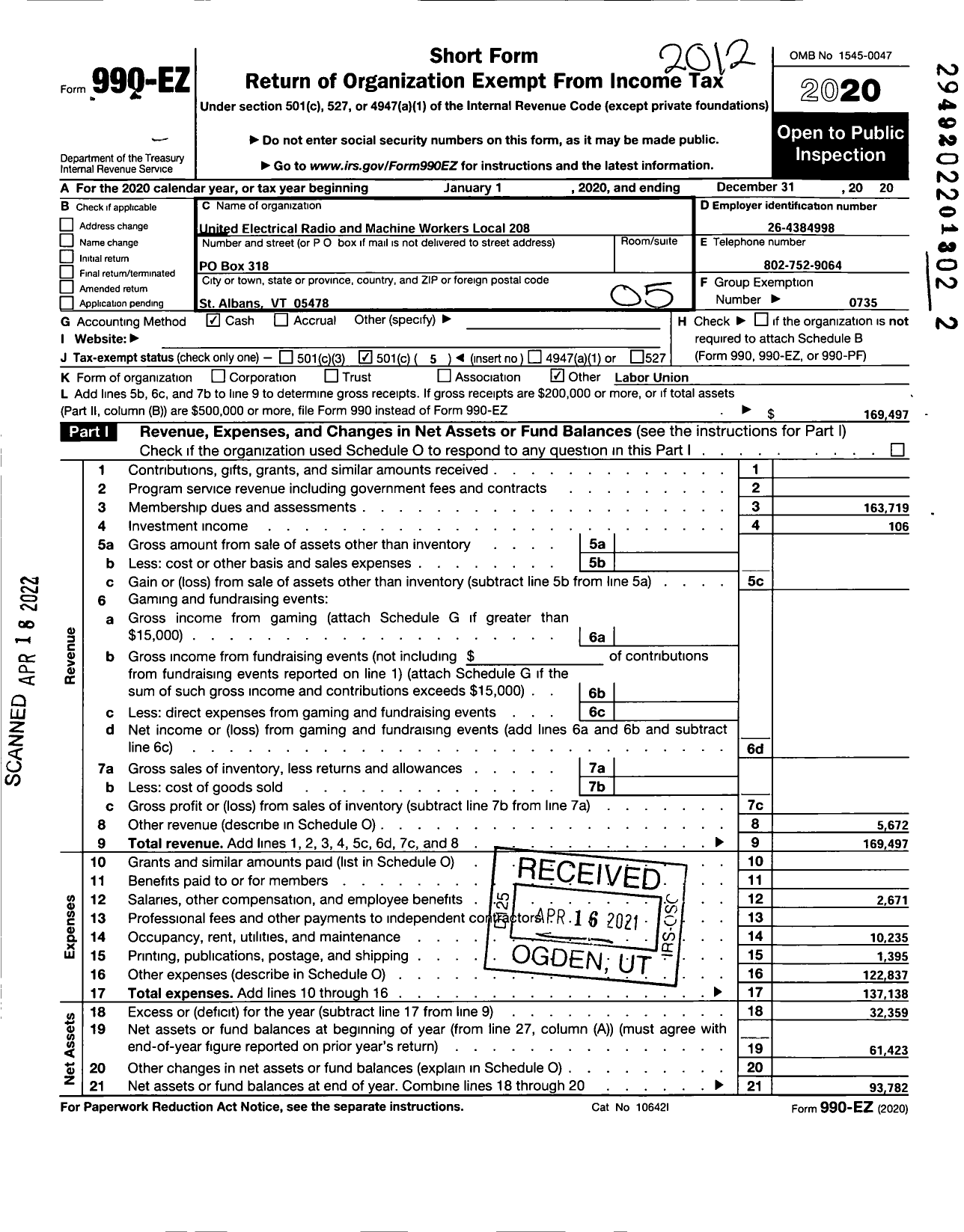 Image of first page of 2020 Form 990EO for UNITED ELECTRICAL RADIO AND MACHINE WORKER OF AMERICA - 208 UE Local