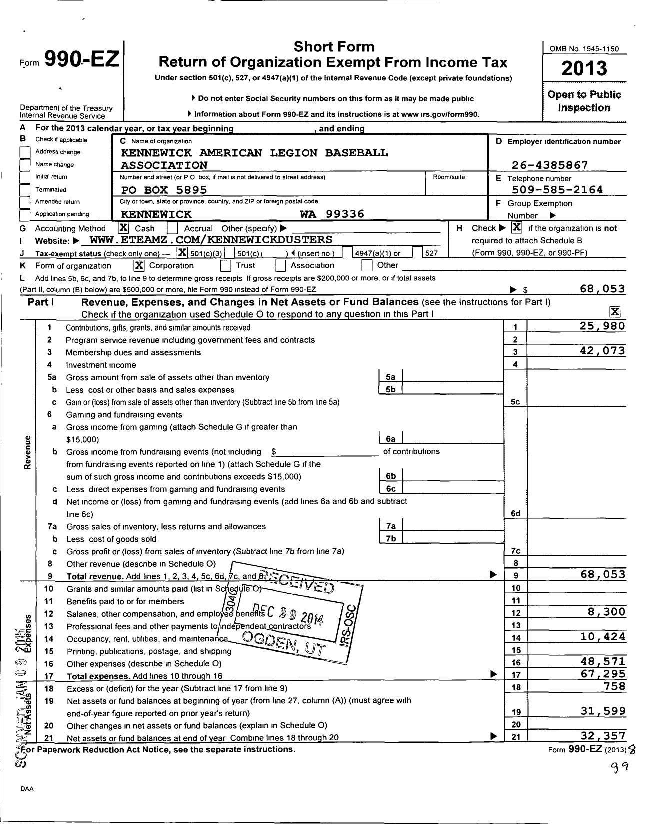 Image of first page of 2013 Form 990EZ for Kennewick American Legion Baseball Association