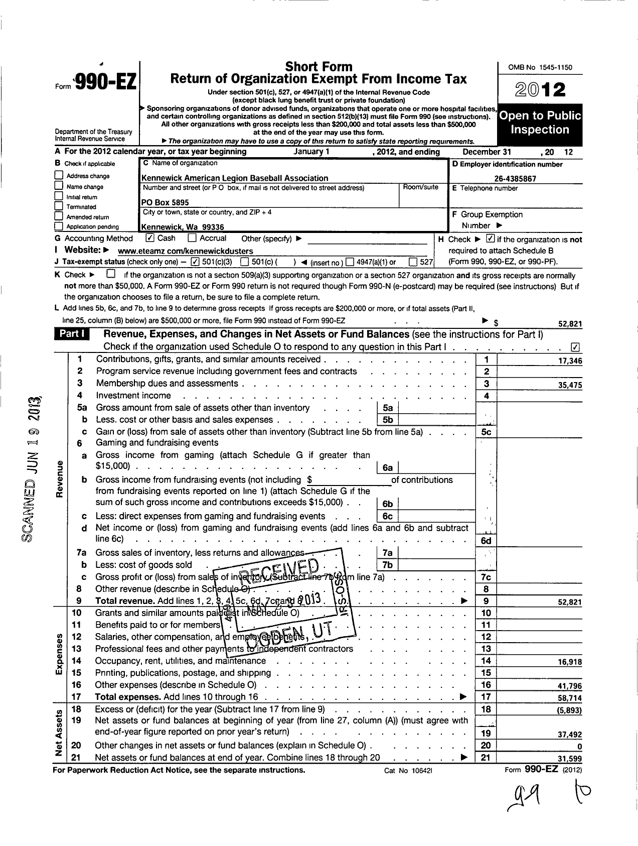 Image of first page of 2012 Form 990EZ for Kennewick American Legion Baseball Association